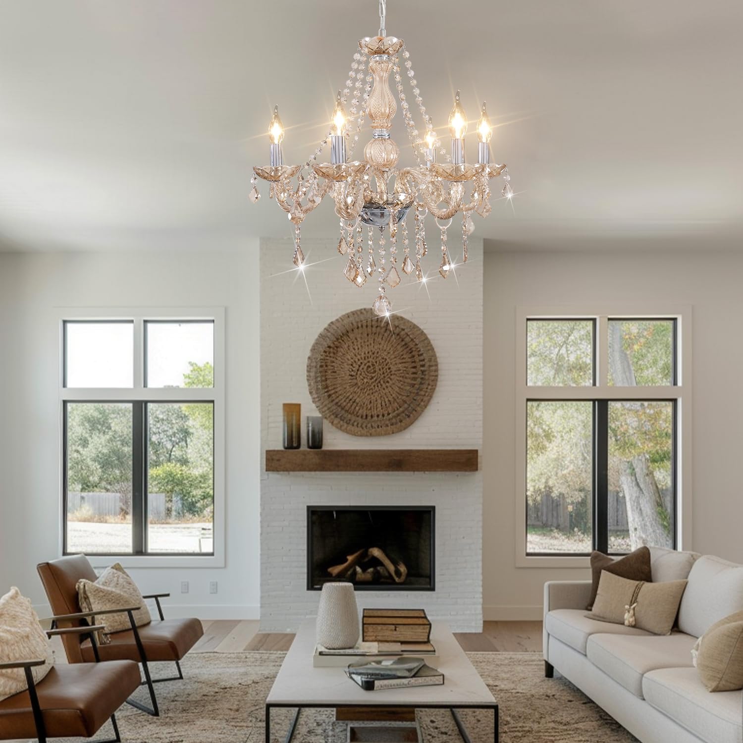 Crystal Chandeliers for Dining Room, 6-Lights Classic Cognac Pendant Light K9 Vintage Chandelier for Bedroom, Candle Ceiling Light Fixture Cognac Chandelier for Living Room Wedding Decor