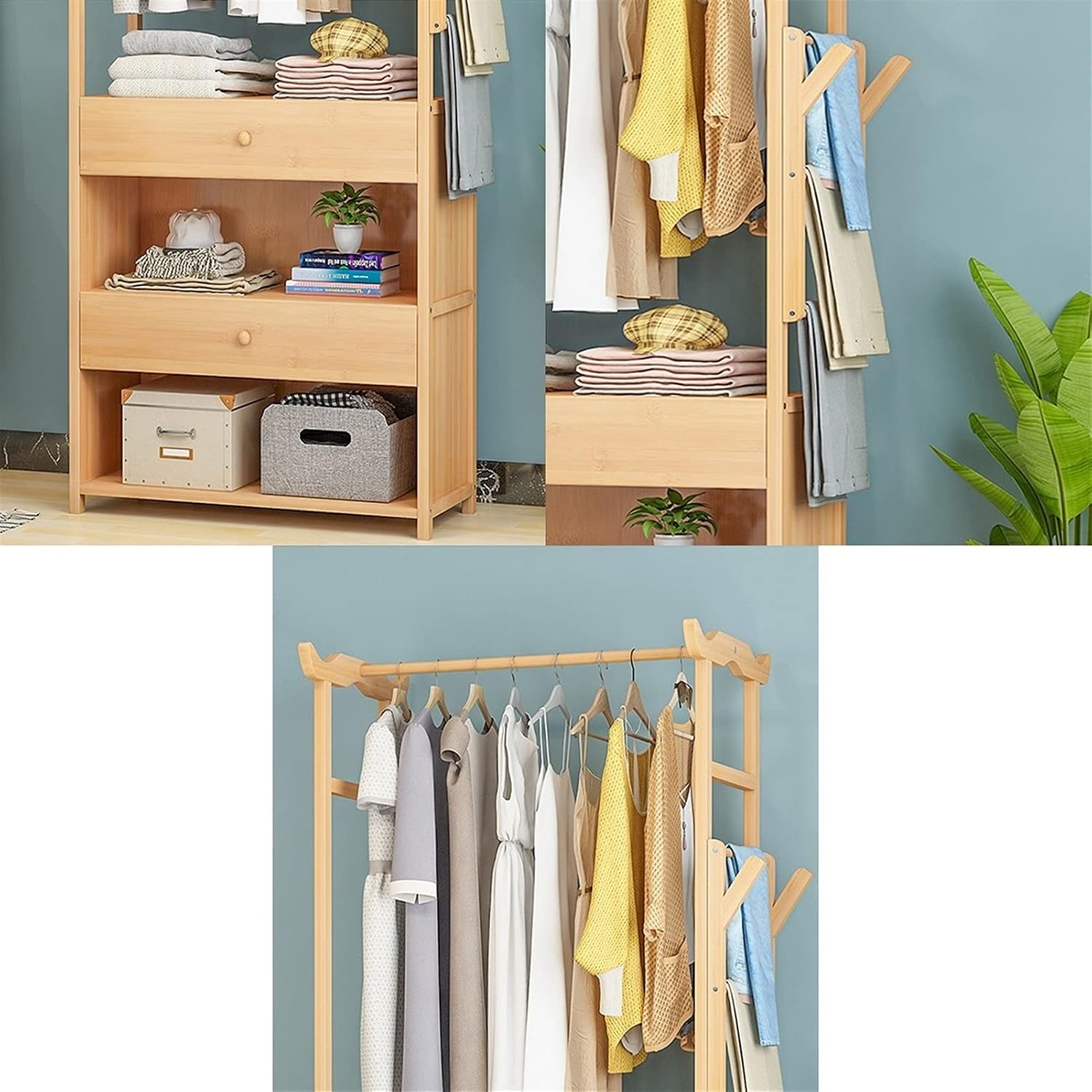 Coat Rack, Clothes Rack Bamboo Garment Racks With 2-Tier Bottom Shelves Heavy Duty Portable Clothes Organizer Rack Freestanding Clothing Rack For Hanging Clothes