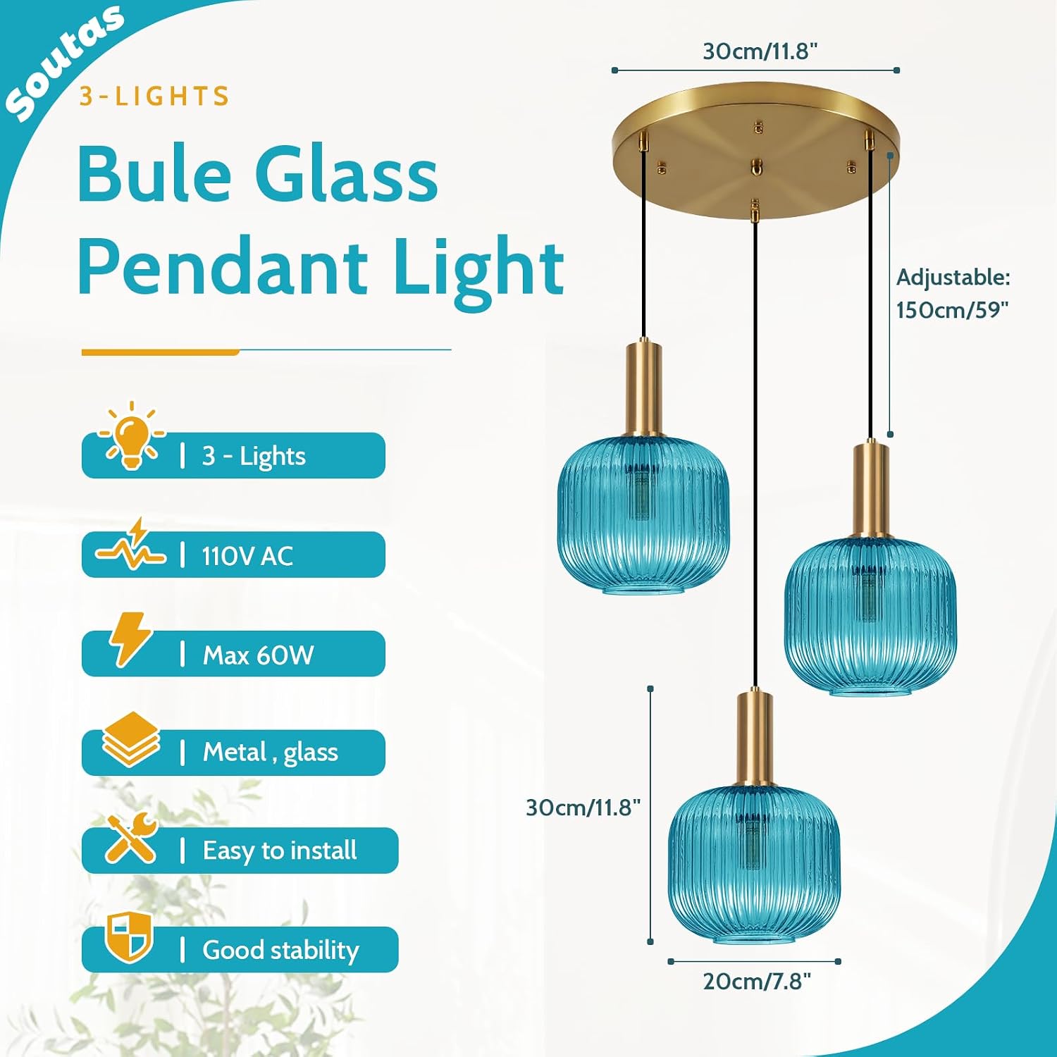 Blue Chandelier Lighting Modern Mid Century Ceiling Fixtures Lights 7.9' Glass Shade Globe Sputnik Hanging Light for Kitchen Island Dining Room, Foyer Lighting