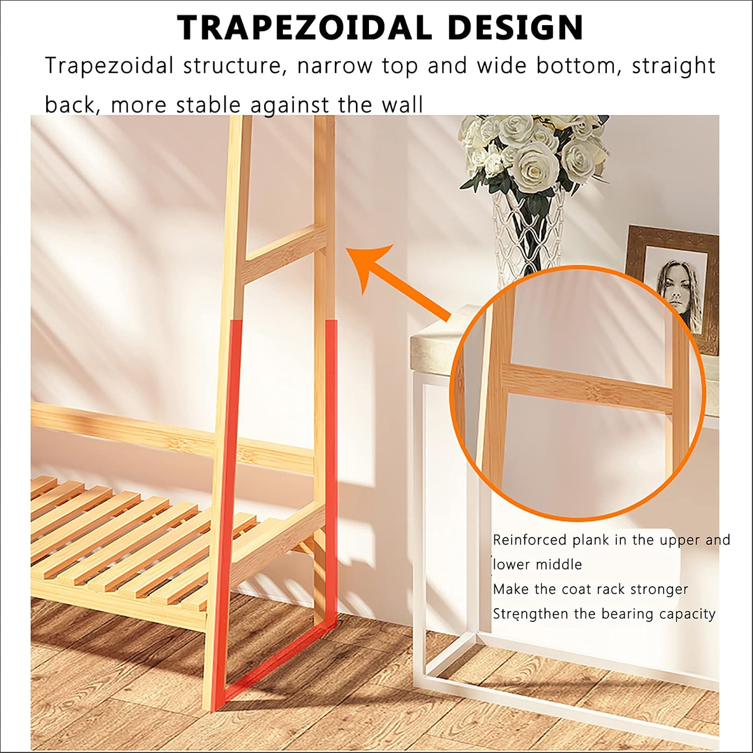Bamboo Garment Rack,Multi-Functional Clothes Rack,with top Shelf and Shoe Clothing Storage Organizer Shelves,for Bedroom Entryway Hanging Clothes