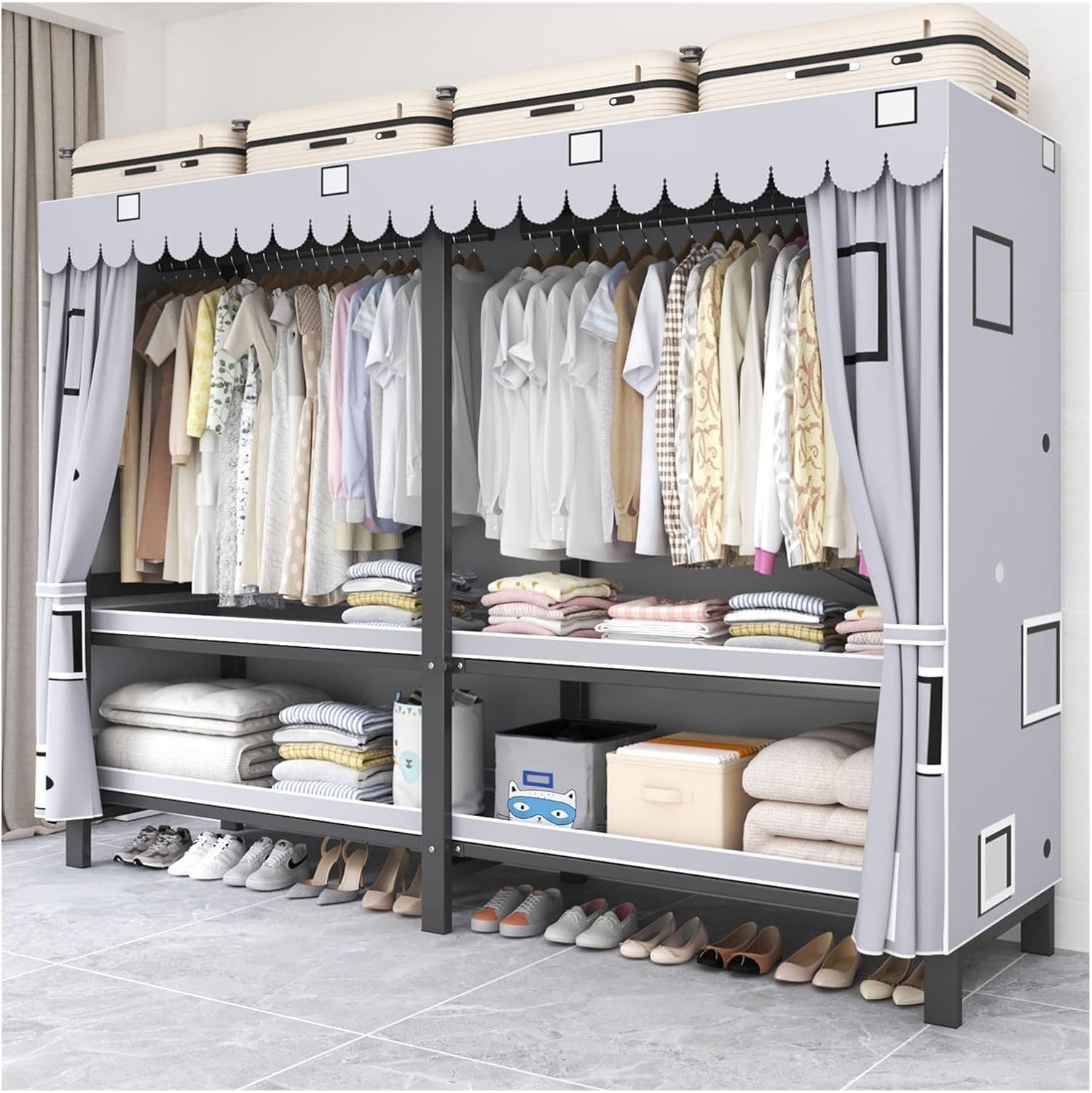 Foldable Portable Wardrobe Closet, Freestanding Clothing Rack, Metal Closet Organizer, Armoire Storage Garment Racks For Hanging Clothes, 30mm Thick Steel Tubes(D,170cm/66.9in)