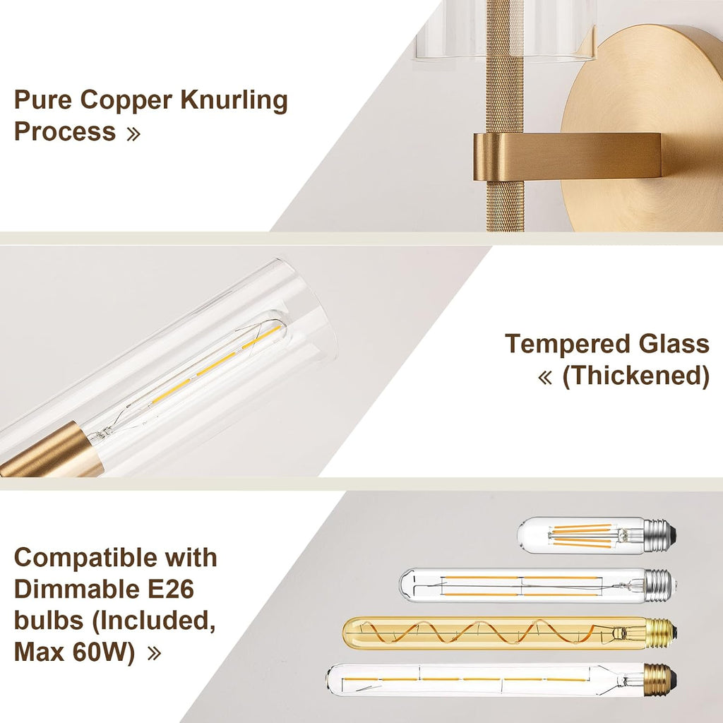 Brass Gold 2-Light Knurled Wall Sconce, Dual-Head Vanity Lamp Set of Two with Clear Glass Tube, Bathroom Wall Sconces, Wall Lights for Living Room Bedroom Hallway Kitchen Bathroom Mirror