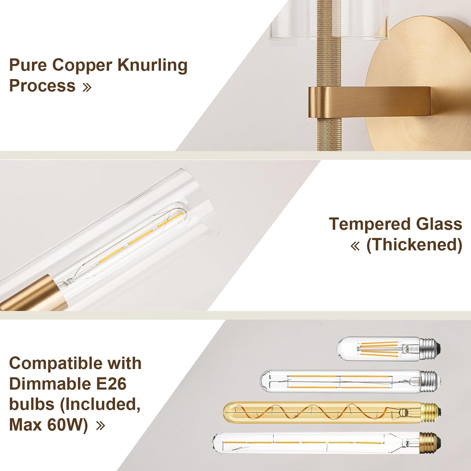 Brass Gold 2-Light Knurled Wall Sconce, Dual-Head Vanity Lamp Set of Two with Clear Glass Tube, Bathroom Wall Sconces, Wall Lights for Living Room Bedroom Hallway Kitchen Bathroom Mirror