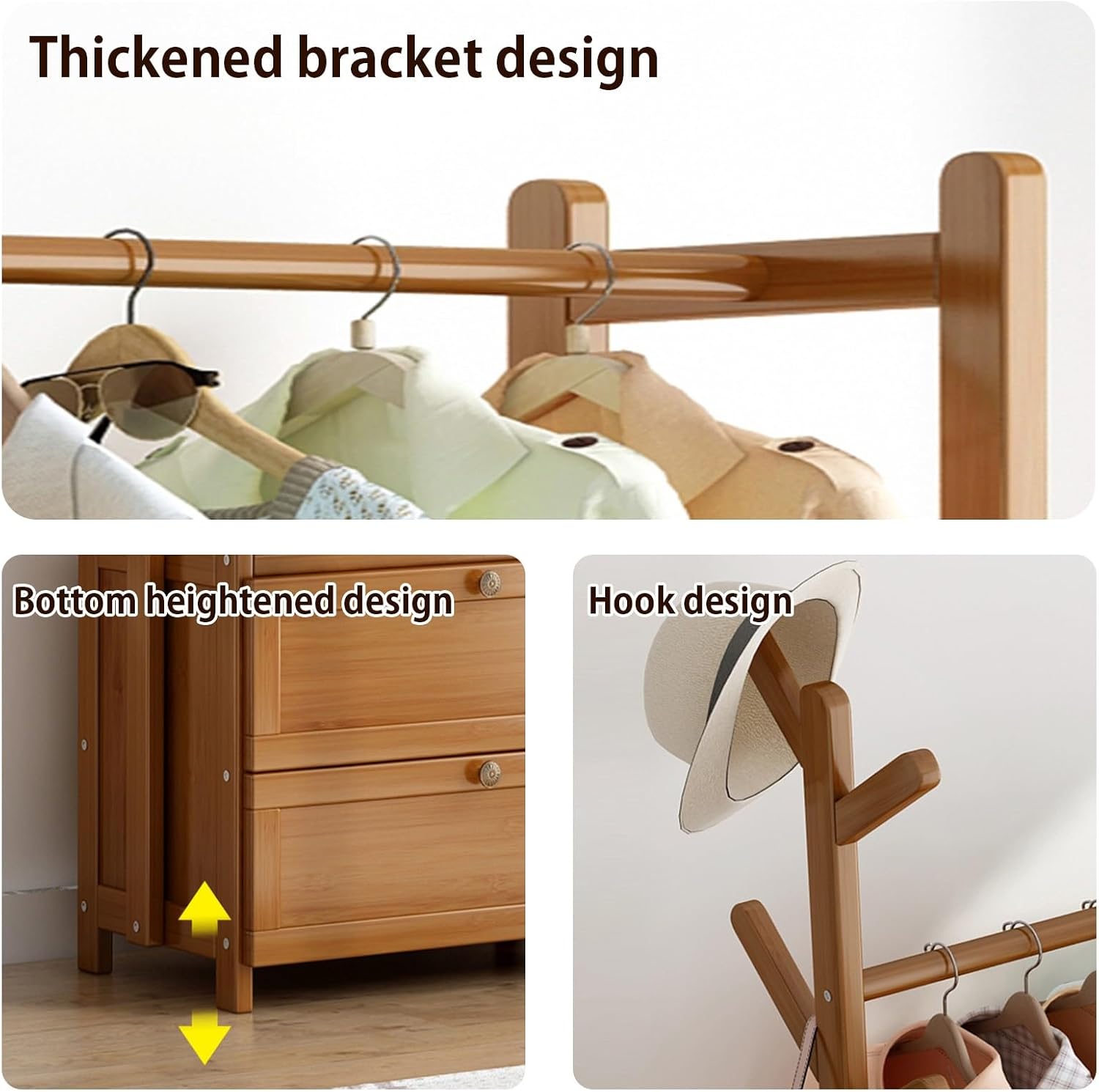 Wooden Clothes Rack, Clothing Rack with Shelf and Hook, Garment Rack with Shelves, with Storage Drawer, Garment Rack for Hanging Clothes,Coats,Skirts,Shoes,Bags,Easy to Assemble(Yellow,50x30x15