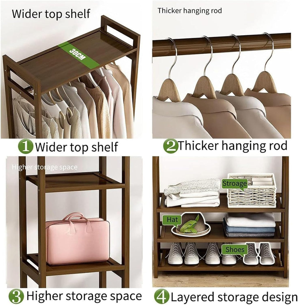 Free Standing Clothing Racks for Hanging Clothes, Bamboo Garment Rack Closet Organizer with Storage Shelves,Clothes Organizer for Bedroom, Living Room,110 * 30 * 150cm