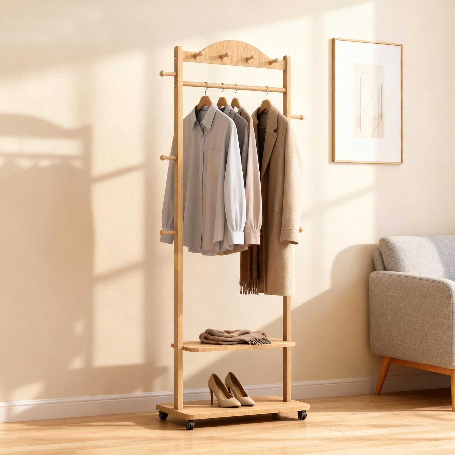 High-Grade Rubber Wood Coat Rack, Easy To Assemble, With 9 side hooks,With 2 partitions, Mobile Rollers, Multifunctional Coat Rack Suitable for Suitable for hanging clothes, hats,storing shoes.