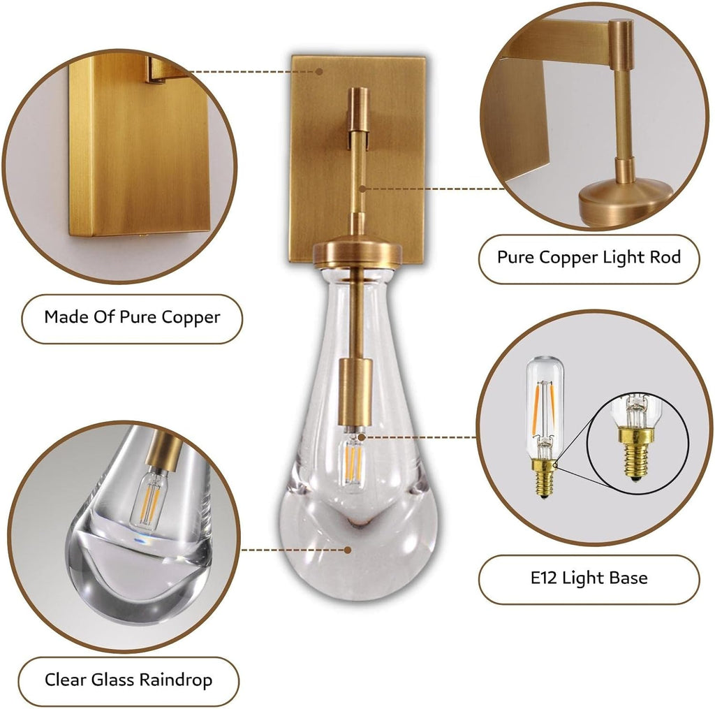 Brass Wall Sconces, Raindrop Sconces Wall Lighting, Wall Sconce Indoor for Living Room, Modern Wall Light Fixtures Bathroom Light Fixtures Wall Lamp for Hallway, Bedroom