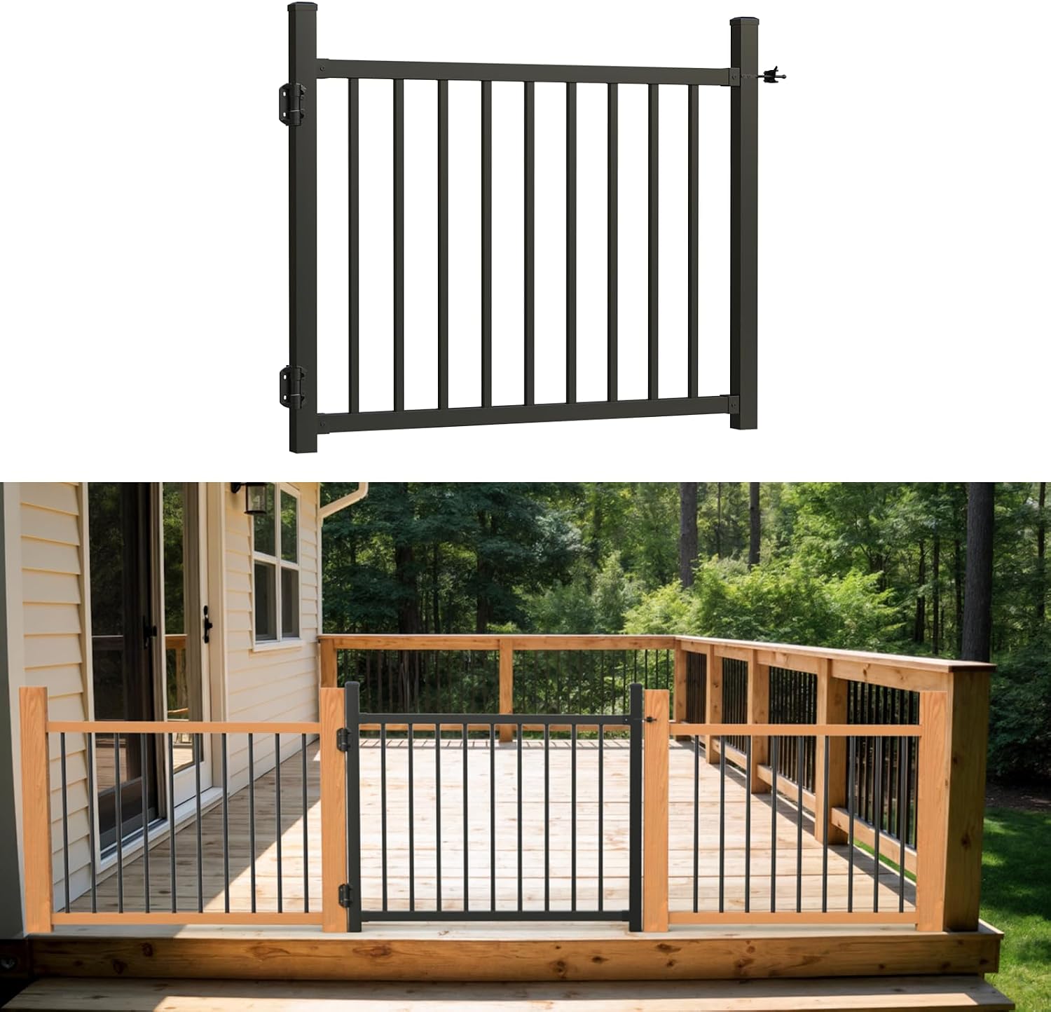 36'x45' Aluminum Gate with Self-Closing Hinges,Square Tube 3/4' pickets, Adjustable Width Black Powder Coated Deck gate Kits Incl. Hinges Latch for Deck Railing Patios Gardens Indoor Outdoor