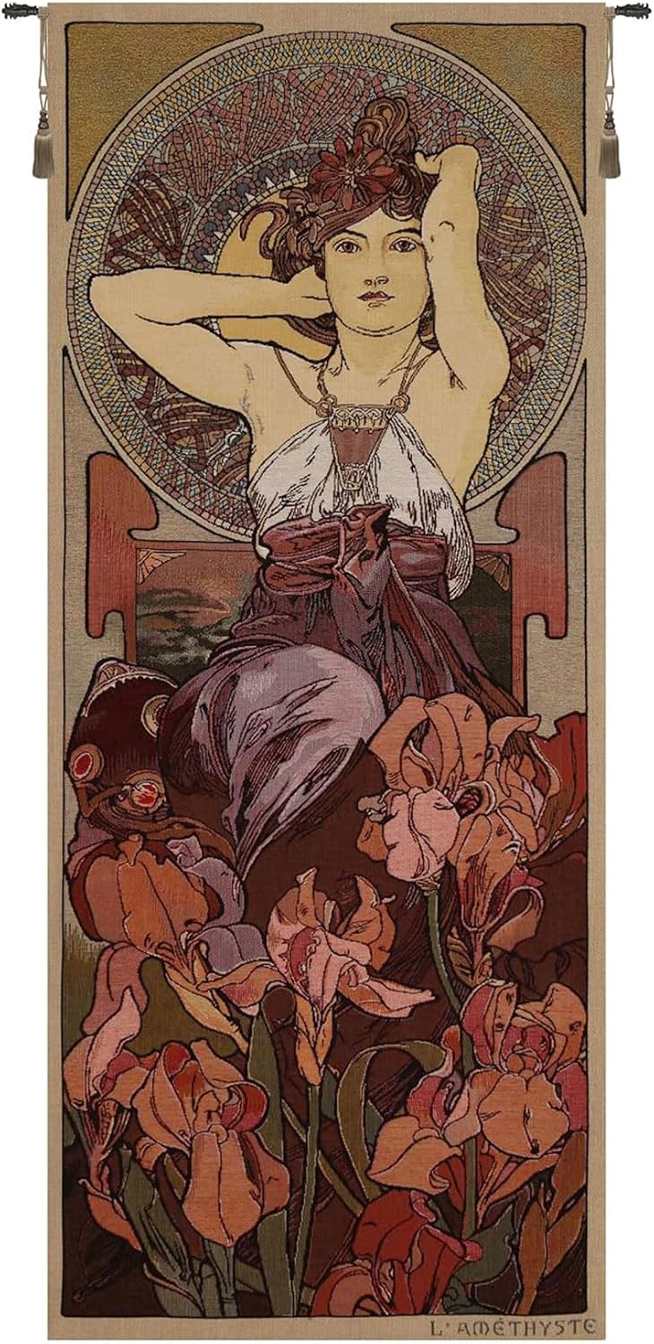 Charlotte Home Furnishings Inc - Mucha Amethyste Stone Belgian Premium Tapestry Wall Hanging | 67x28 in Viscose Polyester Blend Boho Vintage Woven Wall Tapestry for Home & Wall Art by Alphonse Mucha