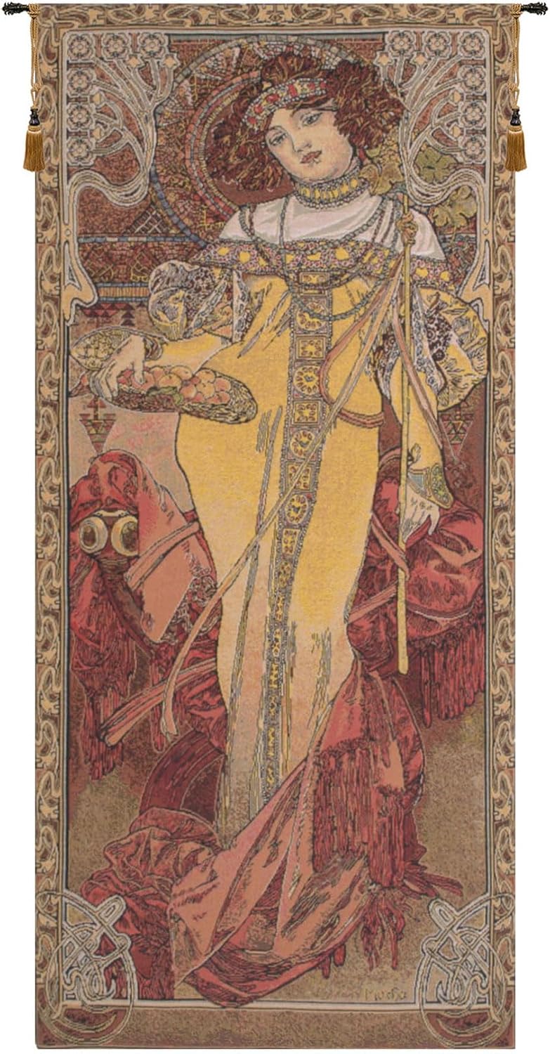 Charlotte Home Furnishings Inc - Mucha Autumn Belgian Premium Tapestry Wall Hanging | 39x18 in Viscose Polyester Blend Boho Vintage Woven Wall Tapestry for Home & Wall Art by Alphonse Mucha