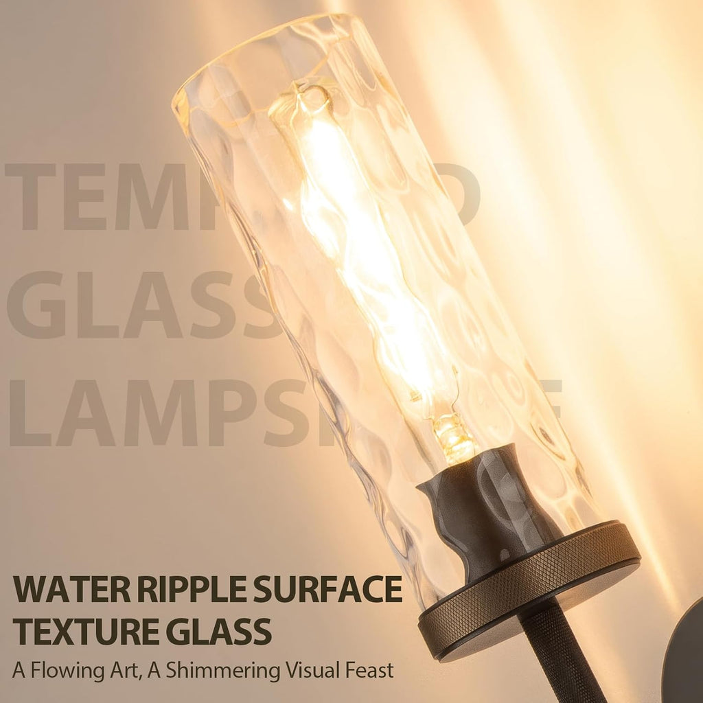 15' Knurled Brass Wall Sconces Set of 2, Black Gold Bathroom Vanity Light Fixtures with Water Ripples Glass Tube, Modern Lamp Lighting for Bedroom, Living Room, Hallway, Staircase, Mirror, Kitchen