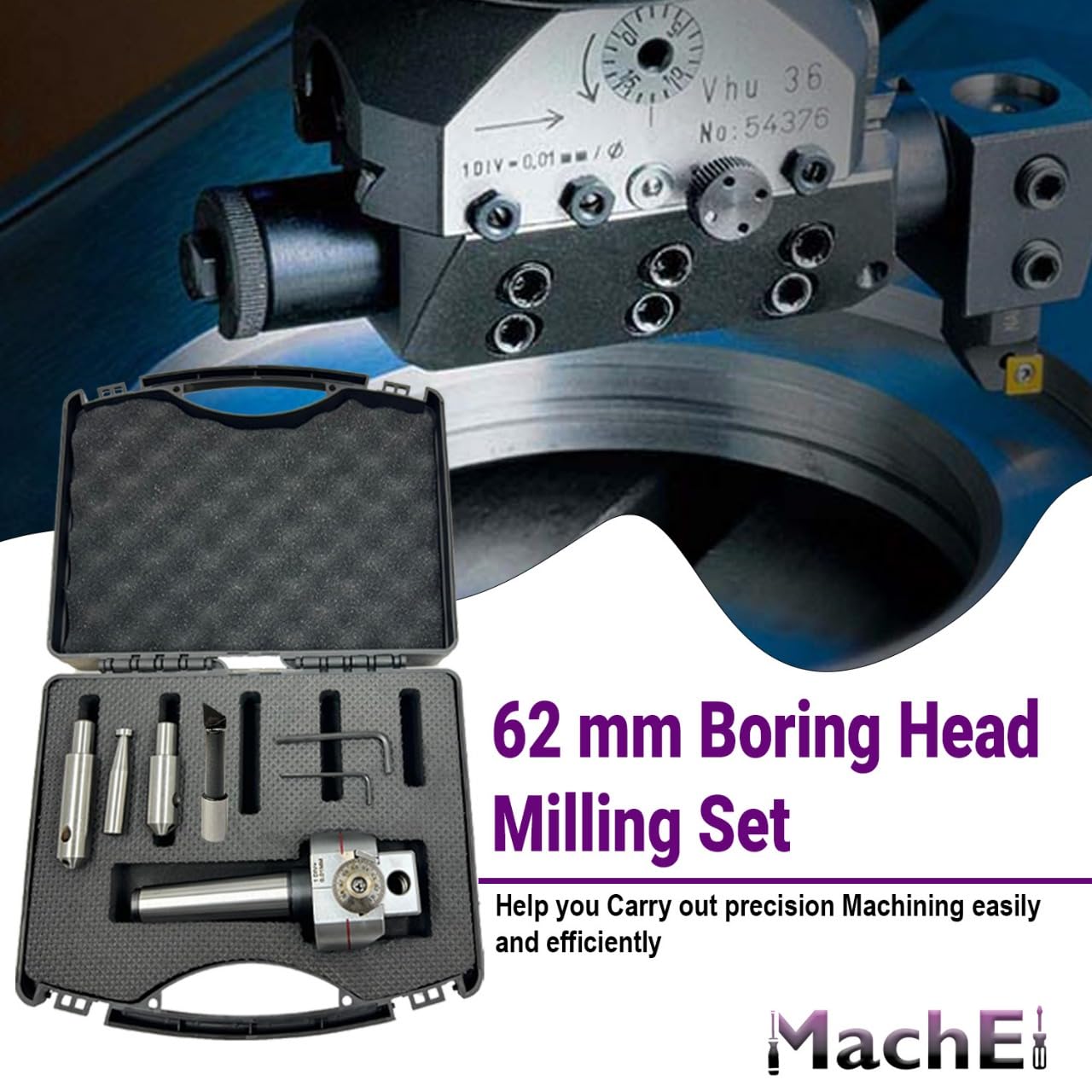 MachEl Boring Head Diameter 62 mm with 1 HSS Tool, 2 Boring Bars, and MT3 Shank (M12 x 1.75 Drawbar), 1 Division: 0.01 mm – Precision Milling Tool