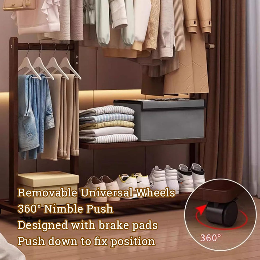 Bamboo Clothing Rack Coat Stand Free Standing Clothes Hanging Rail Garment Rack with Storage Shelves, Hanger Hooks and Pants Hanger, Open Wardrobe for Bedroom Living Room Hallway