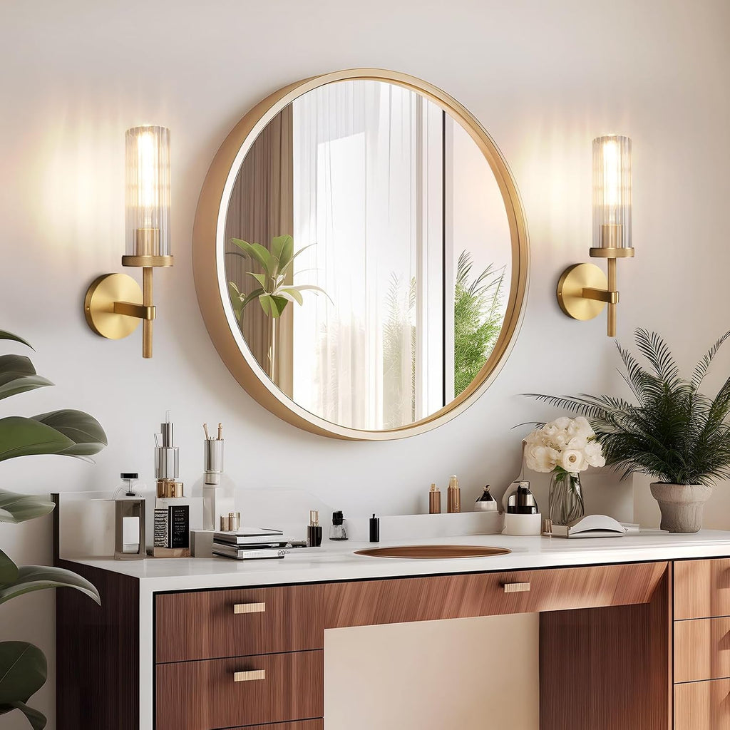 15' Knurled Brass Wall Sconces Set of 2, Gold Bathroom Vanity Light Fixtures with Vertical Striped Glass Tube, Modern Lamp Lighting for Bedroom, Living Room, Hallway, Staircase, Mirror, Kitchen