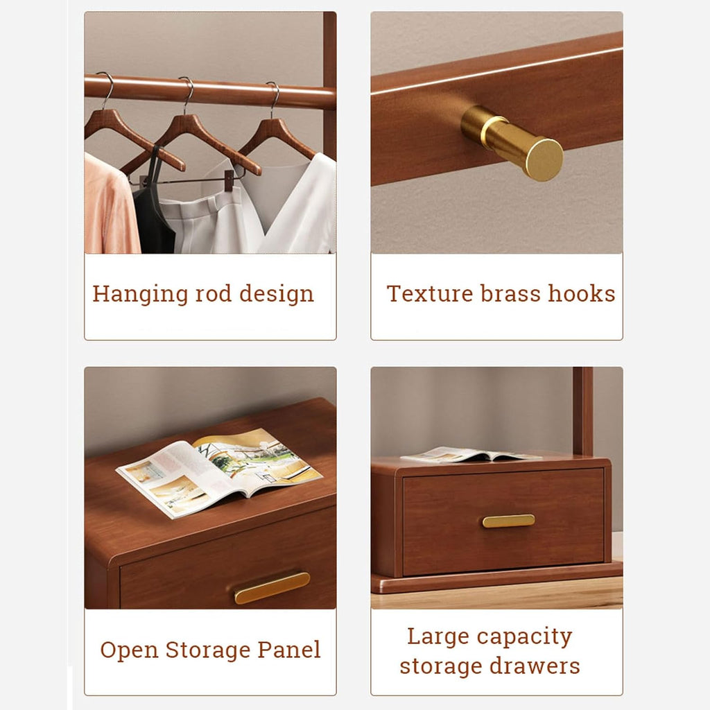 Free Standing Garment Rack Coat Stand with Storage Cabinet, Bamboo Clothes Rail Rack, Portable Open Wardrobe for Hanging Clothes