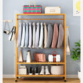 Coat Rack, 3-in-1 Clothes Hanging Rack Bamboo Clothing Rack 360°Rotation Garment Rack With Wheels 4 Side Hooks For Hanging Clothes In Laundry Bedroom Bathroom Etc