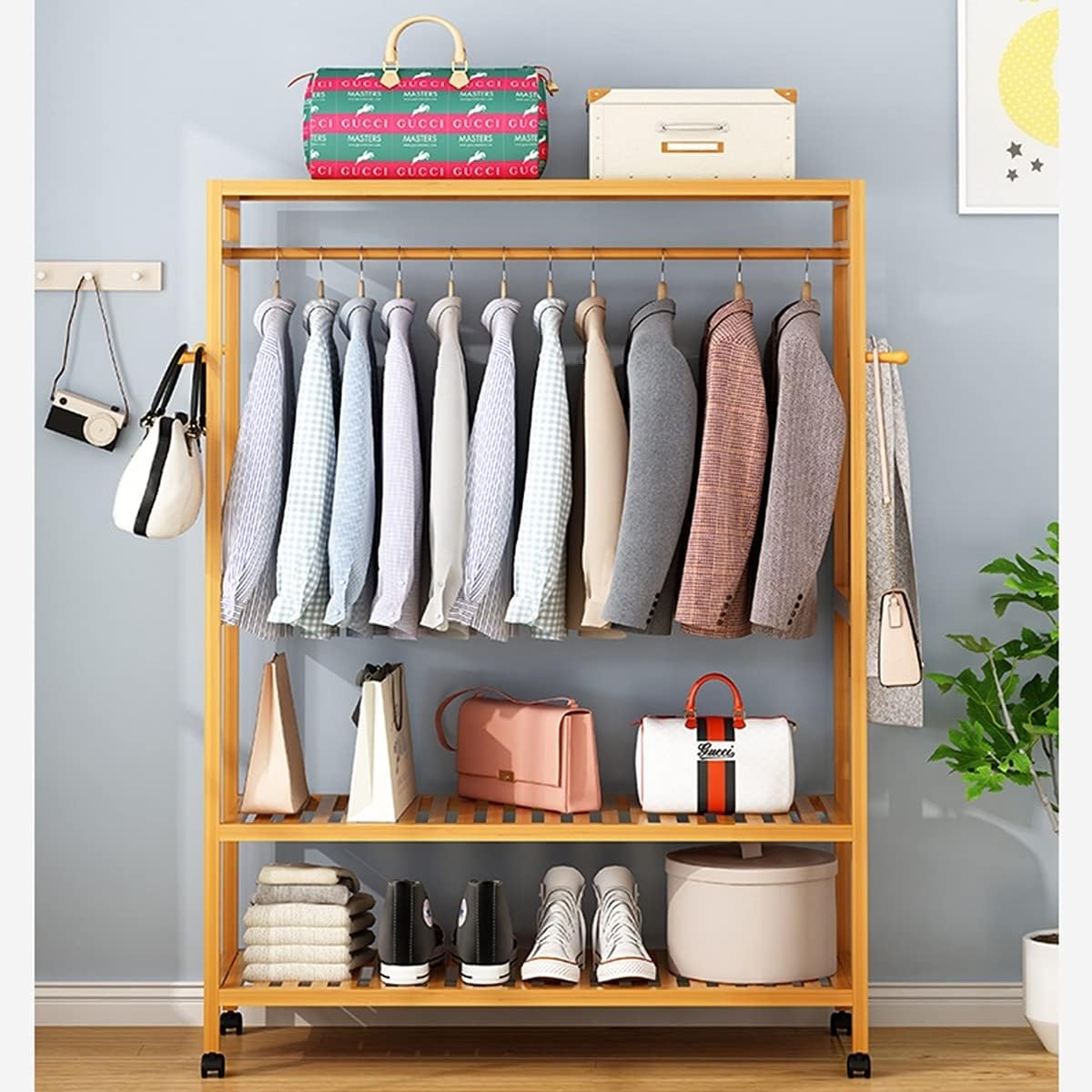 Coat Rack, 3-in-1 Clothes Hanging Rack Bamboo Clothing Rack 360°Rotation Garment Rack With Wheels 4 Side Hooks For Hanging Clothes In Laundry Bedroom Bathroom Etc
