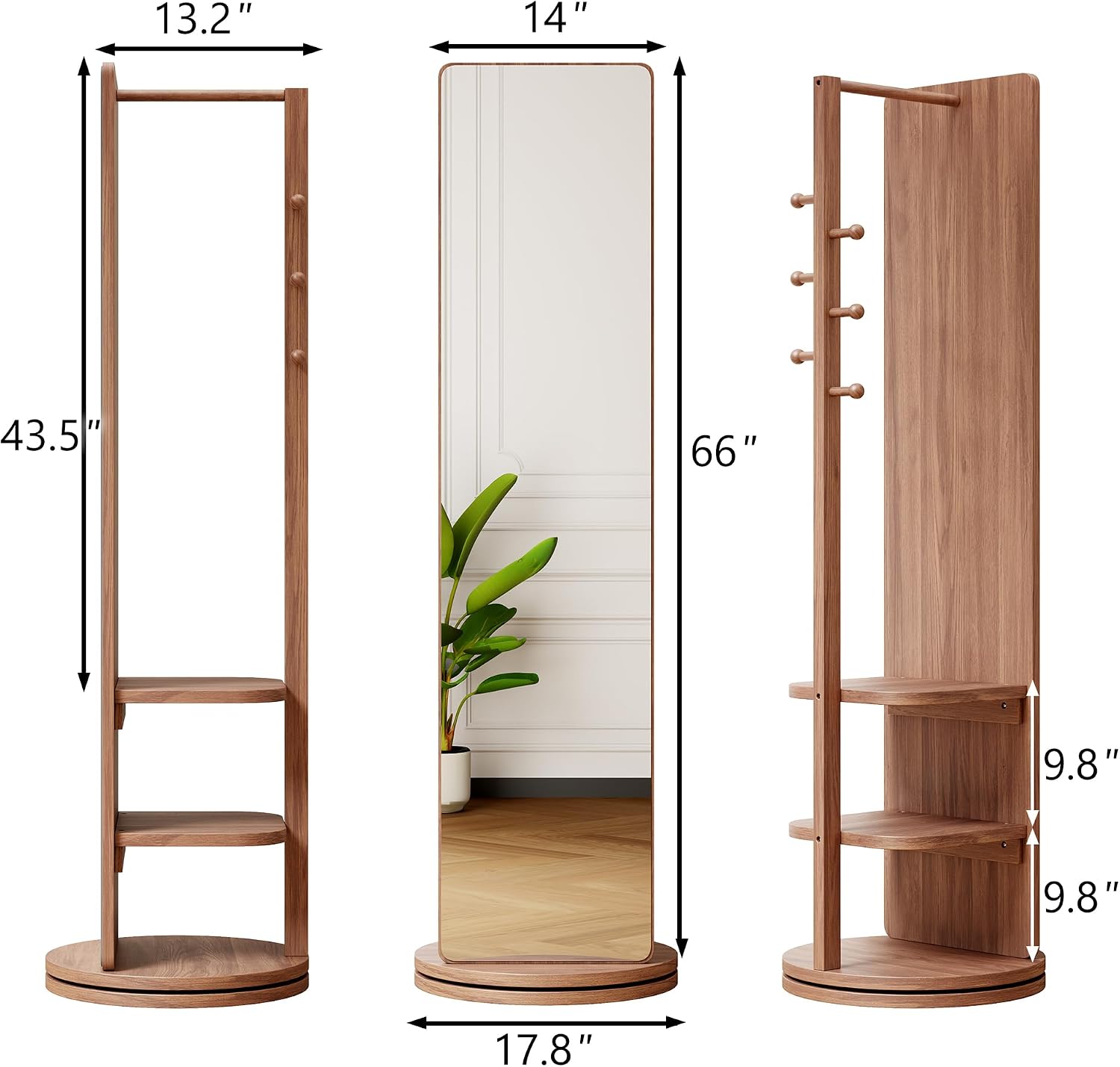 CHANCEE 360° Rotating Mirror Coat Rack, Solid Wood Standing Mirror with Storage Hooks and Shelves, Space-Saving Multifunctional Organizer for Bedroom, Living Room, or Cloakroom (Walnut)