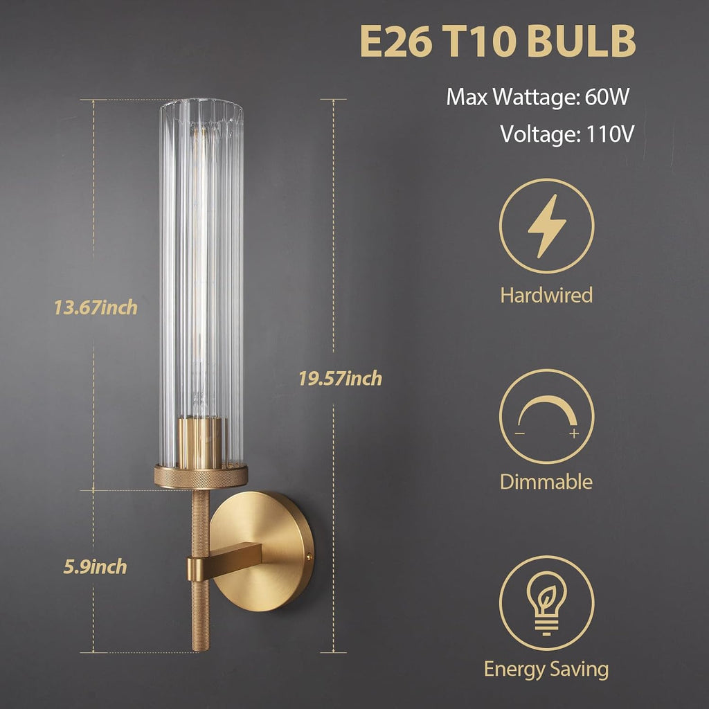 19.5' Knurled Brass Wall Sconce with Vertical Striped Glass Tube, Gold Bathroom Vanity Light Fixtures, Modern Lamp Lighting for Bedroom, Living Room, Hallway, Staircase, Mirror, Kitchen