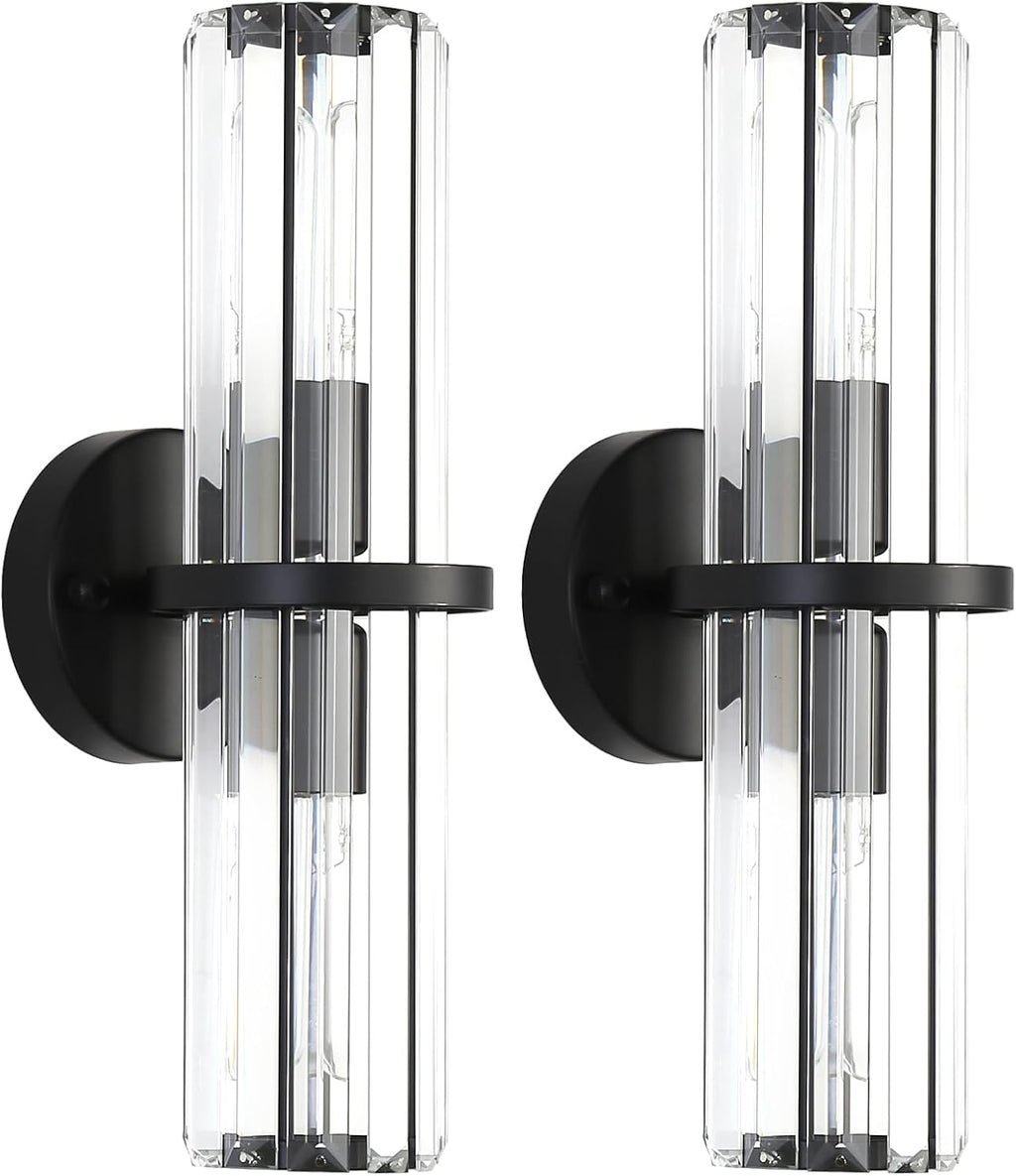 Crystal Wall Sconce Set of Two, 2-Light Black Luxury Indoor Vanity Wall Lamp, 15.7-Inch Upper and lower illuminated Bathroom Light Fixtures, for Living Room, Bedroom, Bathroom, Hallway, Mirror, E26