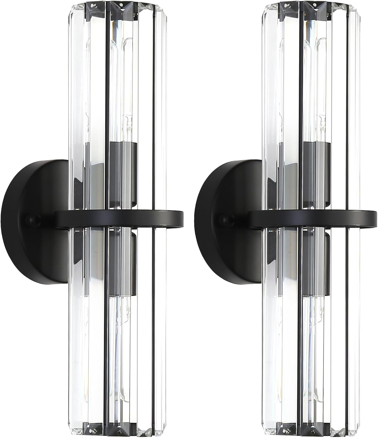 Crystal Wall Sconce Set of Two, 2-Light Black Luxury Indoor Vanity Wall Lamp, 15.7-Inch Upper and lower illuminated Bathroom Light Fixtures, for Living Room, Bedroom, Bathroom, Hallway, Mirror, E26