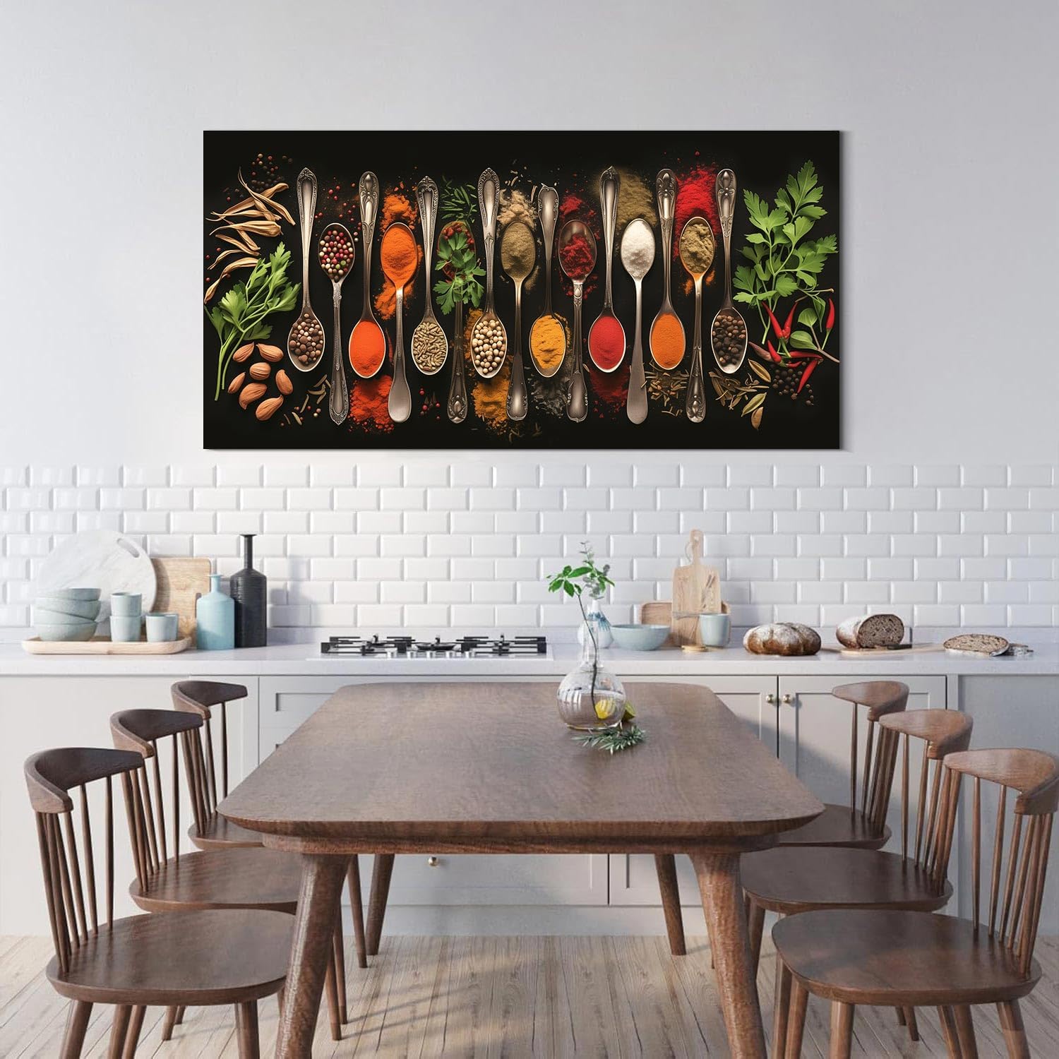 Wewejia Kitchen Pictures Wall Decor 58x28 inch, Couful Spice in Spoon Vintage Canvas Wall Art Food Photos Painting On Canvas Stretched Framed Home Decoration Gift Ready to Hang