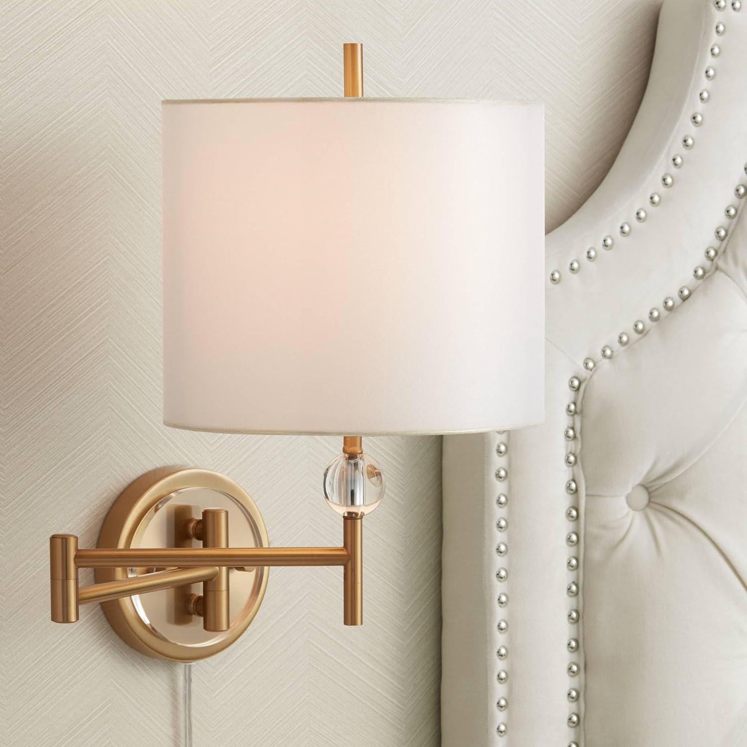 Possini Euro Design Kohle Modern Swing Arm Wall Lamps Set of 2 Polished Brass Plug-in Light Fixture Sheer White Double Drum Fabric Shade for Bedroom Bedside Reading Living Room Home Hallway Dining