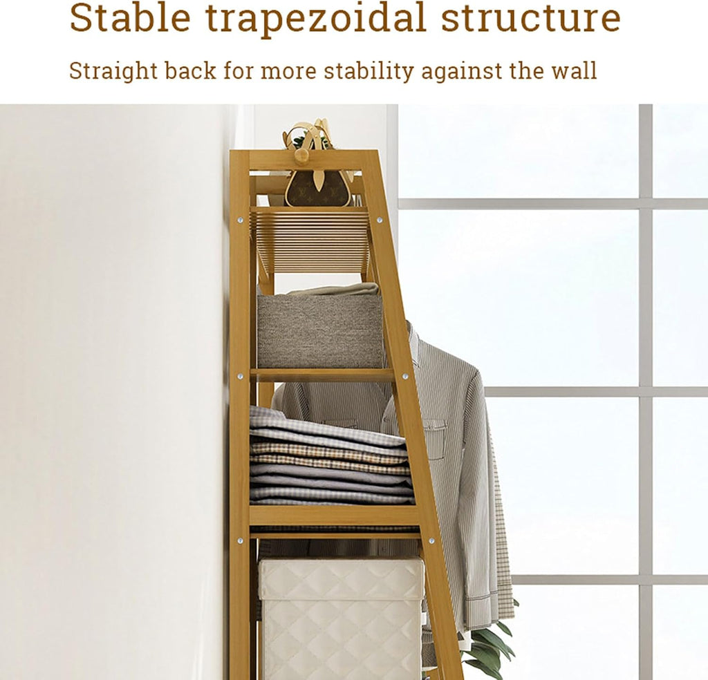 Free Standing Clothing Hanging Stand Bamboo Garment Rack with Storage Shelf, Hanging Rail and Side Hooks, Open Wardrobe Closet Tidy Rail for Clothes Hats Bags