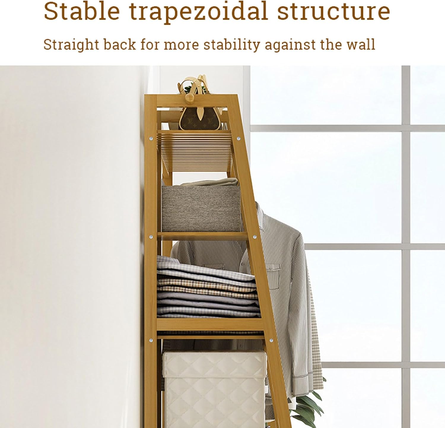 Free Standing Clothing Hanging Stand Bamboo Garment Rack with Storage Shelf, Hanging Rail and Side Hooks, Open Wardrobe Closet Tidy Rail for Clothes Hats Bags