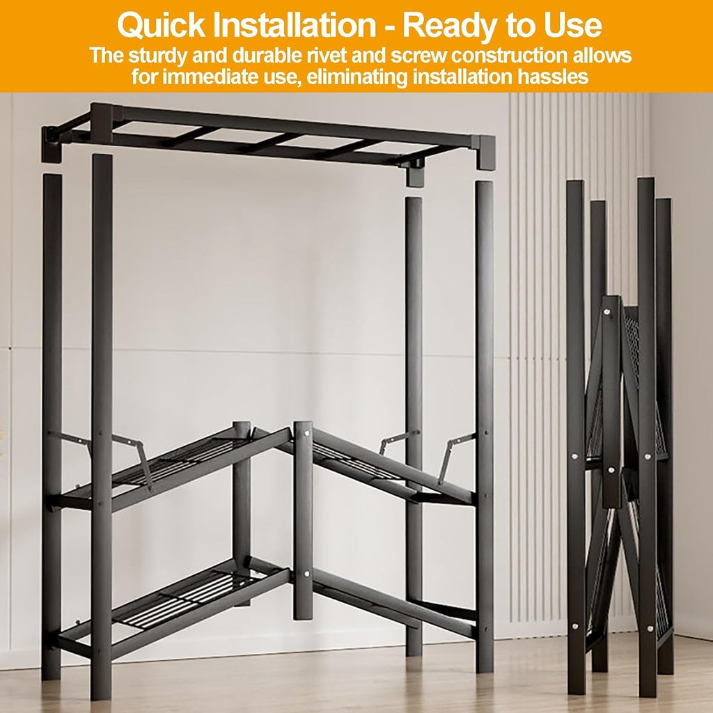 Foldable Closet Wardrobe, Heavy Duty Clothes Rack With Cover, Garment Racks For Hanging Clothes, Metal Closet Organizer, Armoire Storage For Bedroom(B,136cm/53.5in)
