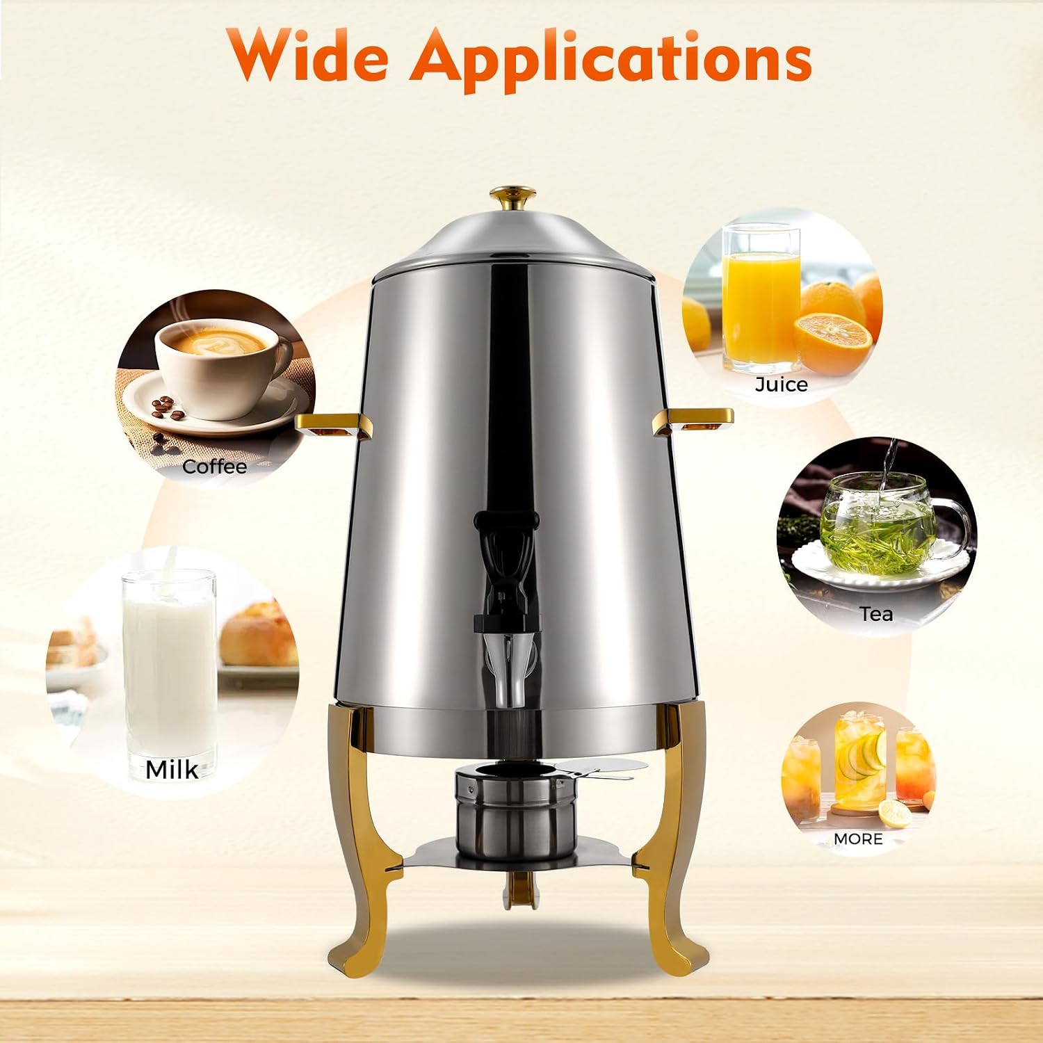 13L Coffee Urn and Hot Beverage Dispenser with Fuel Holder & Heating board, 3.4 Gallon Stainless Steel Drink Dispenser for Hot Drinks, Hot Water Urn for Catering (Silver+Gold)
