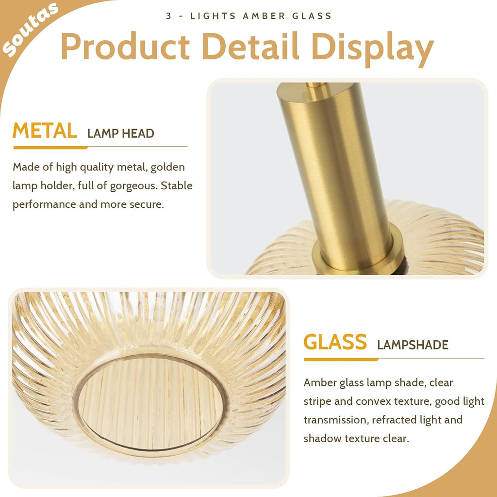 3-Light Gold Cluster Light Fixtures Modern Amber Glass Ceiling Chandelier Lights Brushed Brass Kitchen Island Pendant Light for Corridor Dining Room Entryway Stair