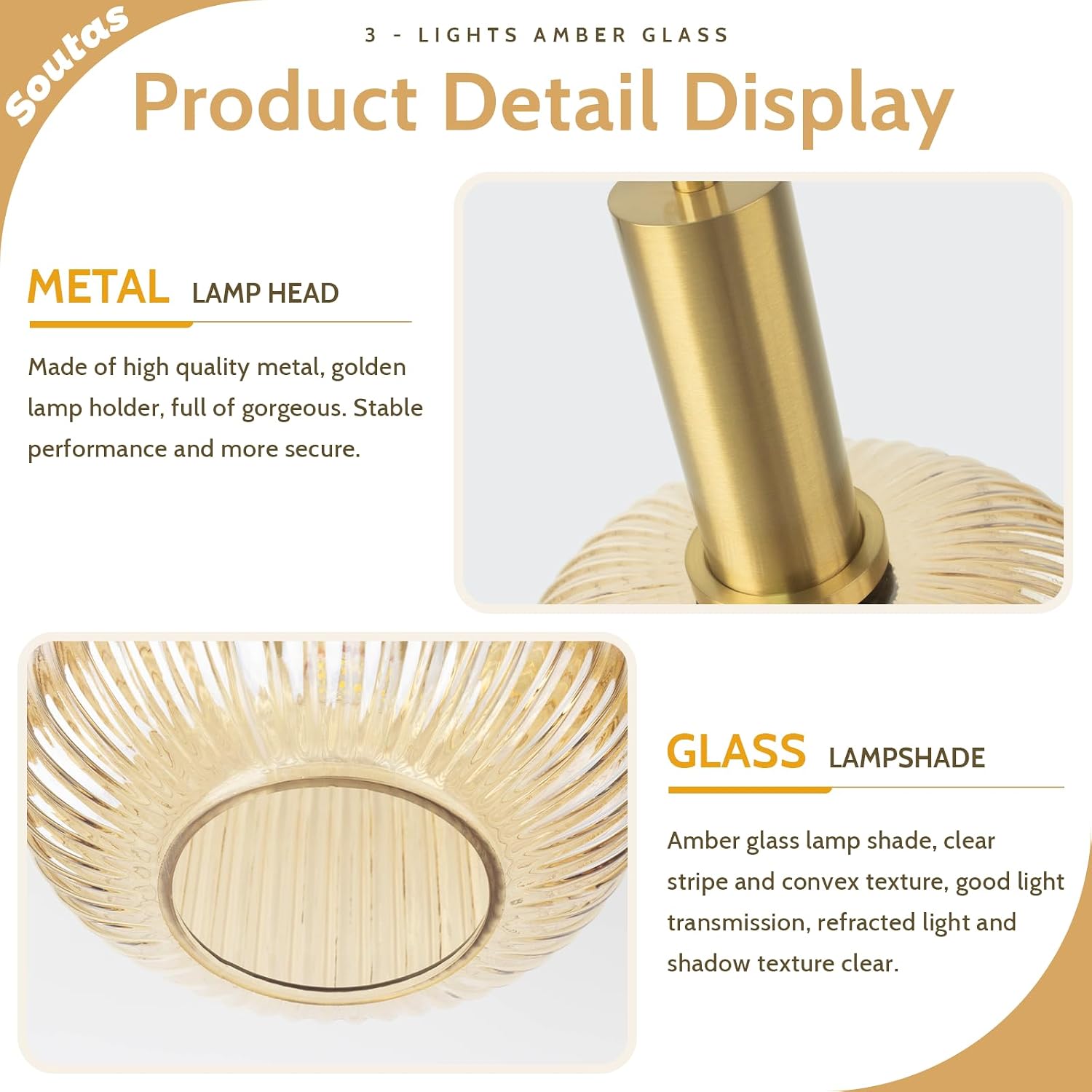 3-Light Gold Cluster Light Fixtures Modern Amber Glass Ceiling Chandelier Lights Brushed Brass Kitchen Island Pendant Light for Corridor Dining Room Entryway Stair