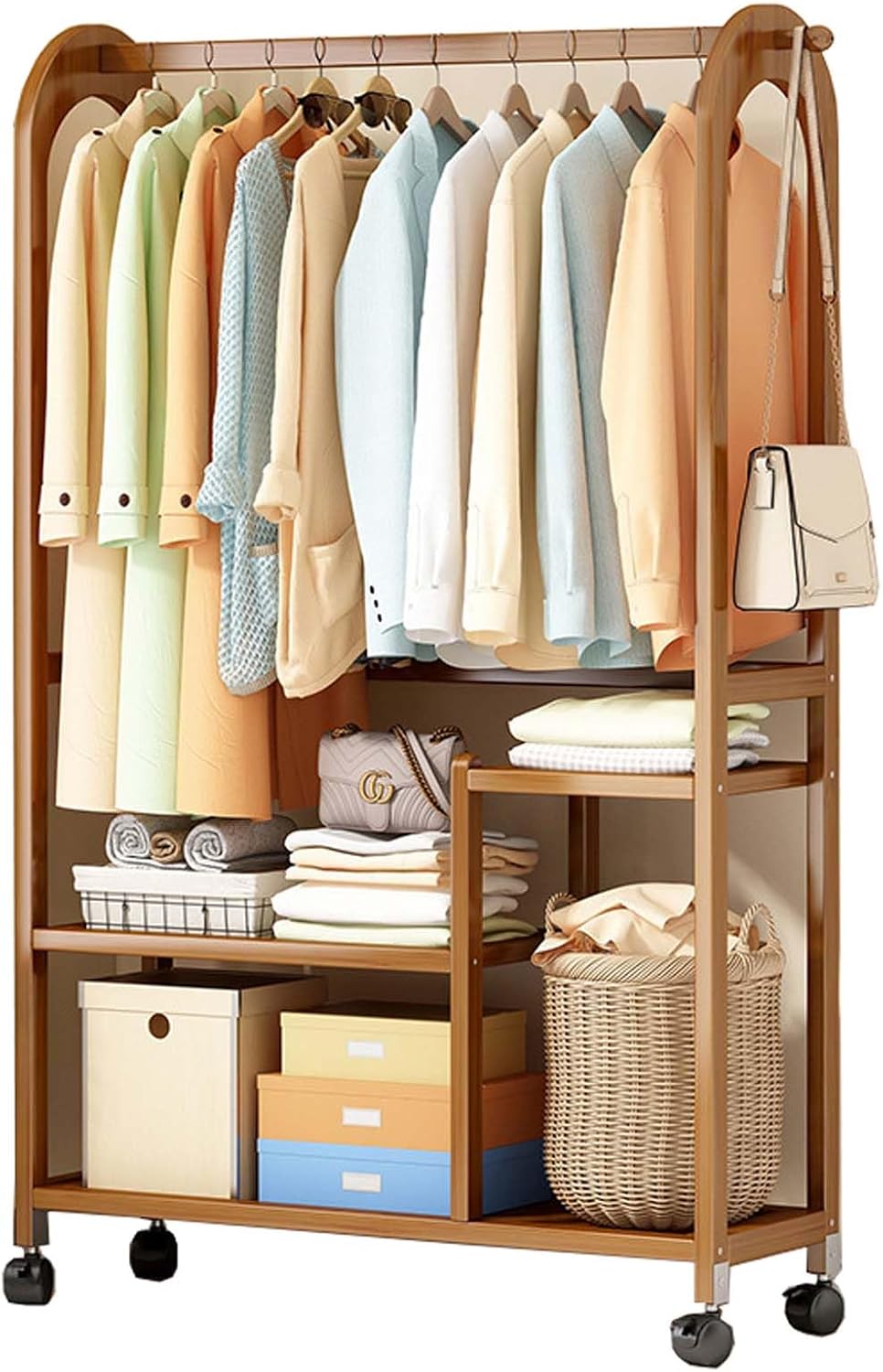 YSUEFIJO Strong Garment Racks with Wheels, Heavy Duty Rolling Clothes-Rack, Garment Rack for Hanging Clothes, Space Saving Clothing Rack, Minimalism Wardrobe Closet Organizer for Indoor