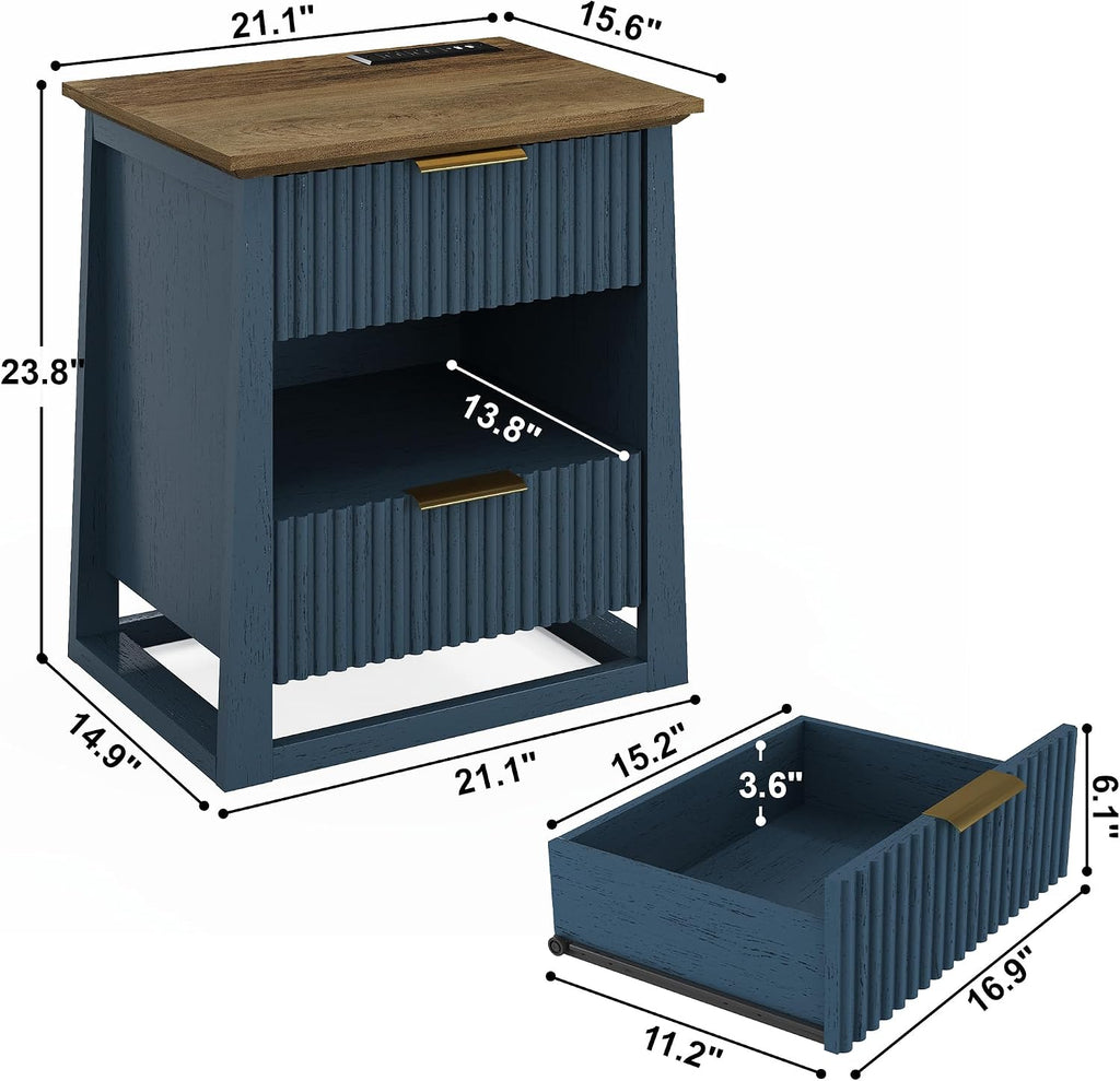 HIFYOBRO Fluted End Table with Charging Station and Motion Sensor Light, Modern Blue Side Table with 2 Drawers and Storage Shelf for Living Room, Bedroom, Guest Room