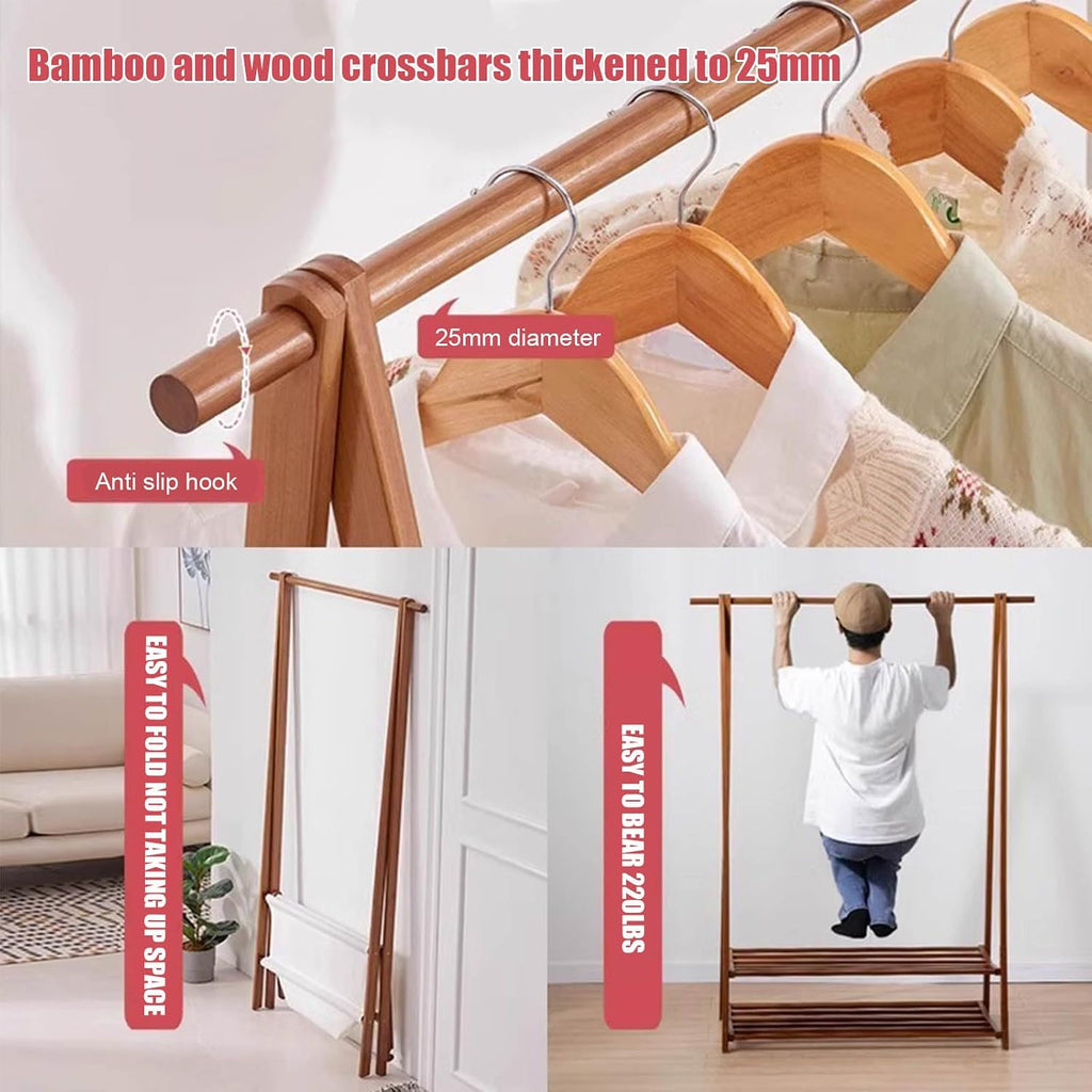 Floor-Standing Solid Wood Rotating Coat Rack，Bamboo Coat Rack Stand with Storage Bag - Freestanding Garment Organizer for Hanging Clothes, Stylish and Functional Storage Solution for Bedroom