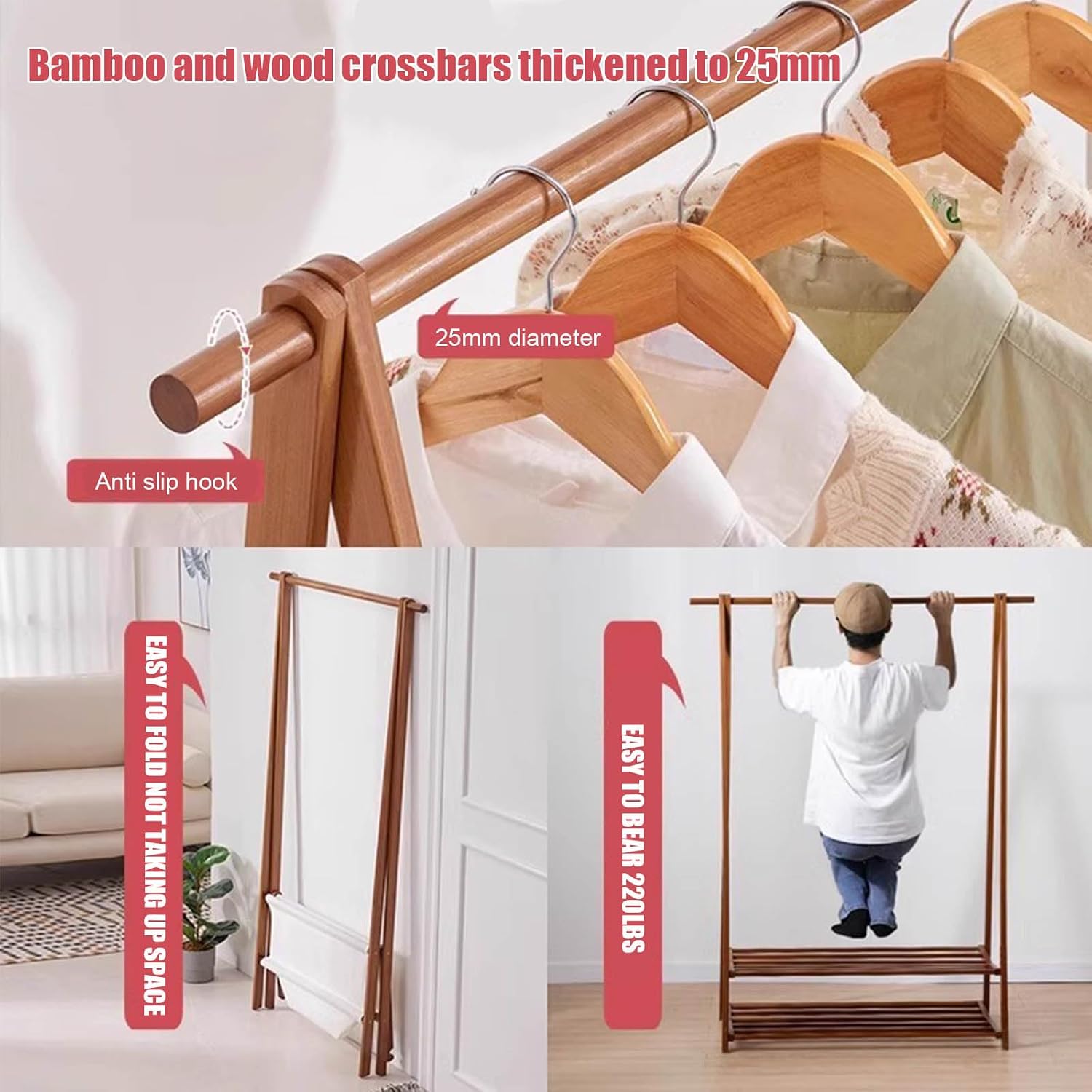 Floor-Standing Solid Wood Rotating Coat Rack，Bamboo Coat Rack Stand with Storage Bag - Freestanding Garment Organizer for Hanging Clothes, Stylish and Functional Storage Solution for Bedroom