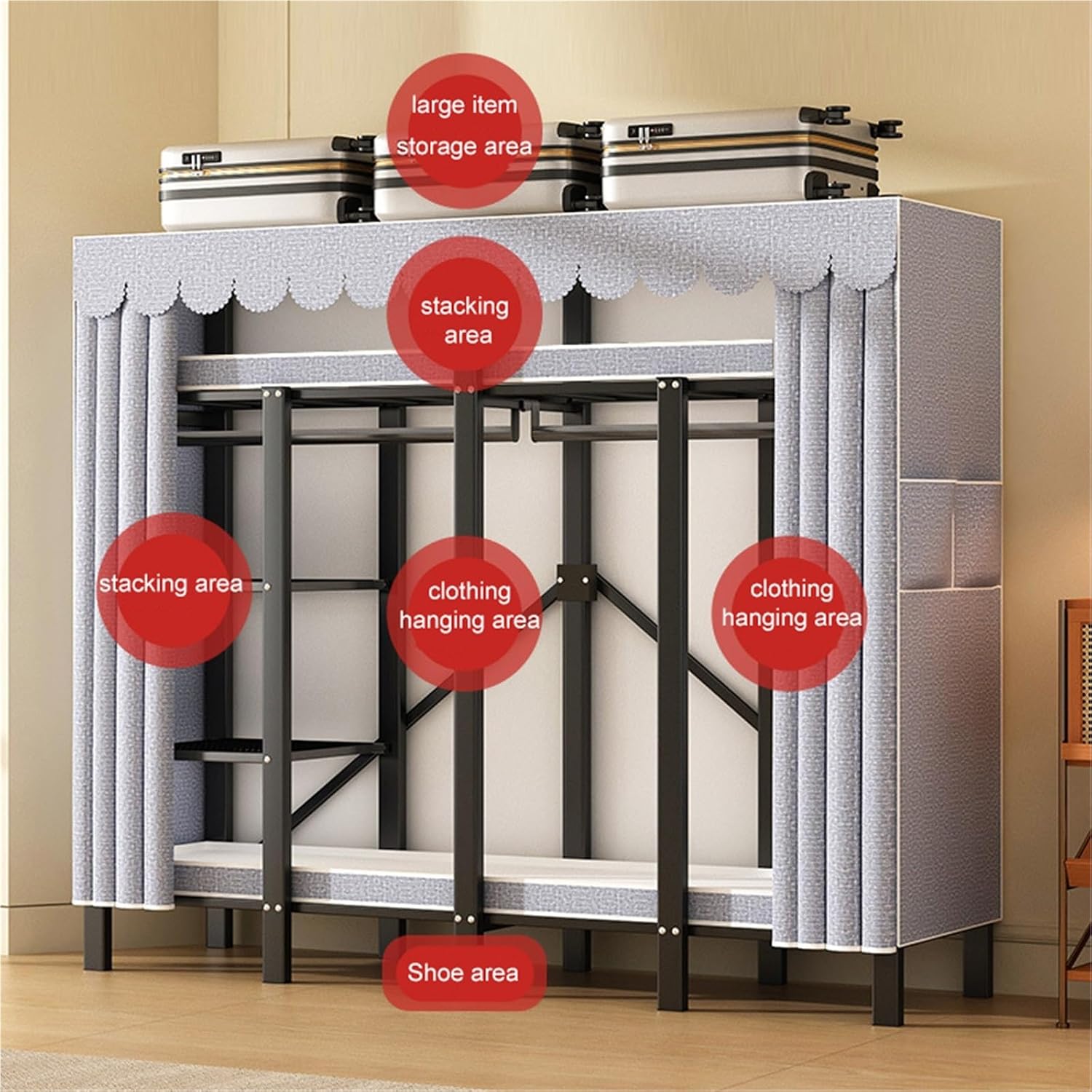 Portable Closet Rack Heavy-Duty Foldable Garment Racks With Cover, 1200lbs Enclosed Wardrobe With Independent Area & Hanging Rods, Freestanding Metal Clothes Rack For Bedding Storage(168cm)