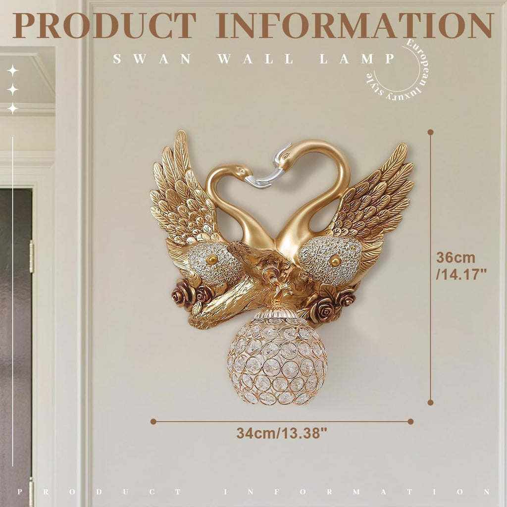 Gold Swan Wall Sconce, Modern Luxury Crystal Wall Lamp, Decorative Wall Lighting for Bedroom Living Room Hallway, Romantic Heart Shaped Wall Mounted Light Fixture, Resin Animal Wall Art Decor