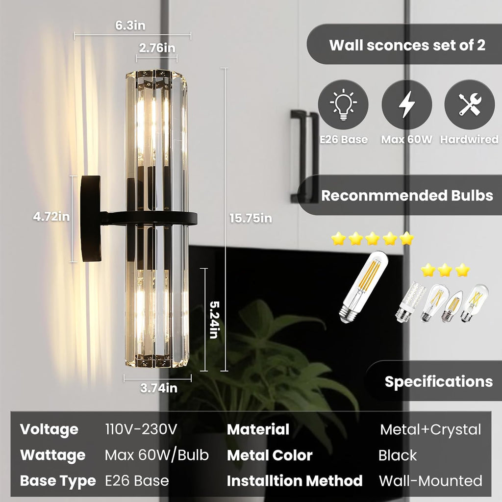 Crystal Wall Sconce Set of Two, 2-Light Black Luxury Indoor Vanity Wall Lamp, 15.7-Inch Upper and lower illuminated Bathroom Light Fixtures, for Living Room, Bedroom, Bathroom, Hallway, Mirror, E26