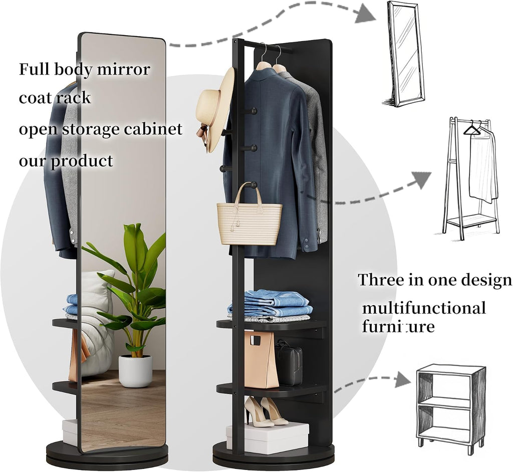 CHANCEE 360° Rotating Mirror Coat Rack, Solid Wood Standing Mirror with Storage Hooks and Shelves, Space-Saving Multifunctional Organizer for Bedroom, Living Room, or Cloakroom (Black)