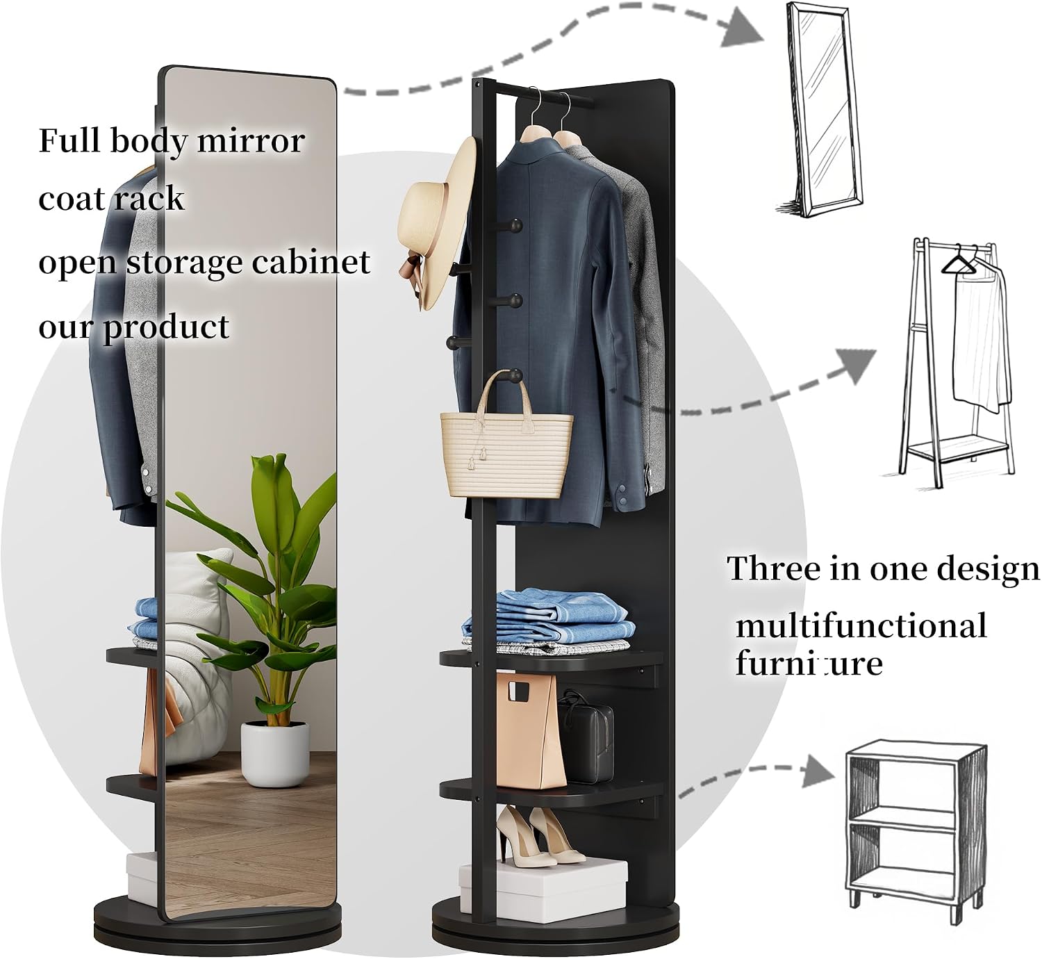 CHANCEE 360° Rotating Mirror Coat Rack, Solid Wood Standing Mirror with Storage Hooks and Shelves, Space-Saving Multifunctional Organizer for Bedroom, Living Room, or Cloakroom (Black)