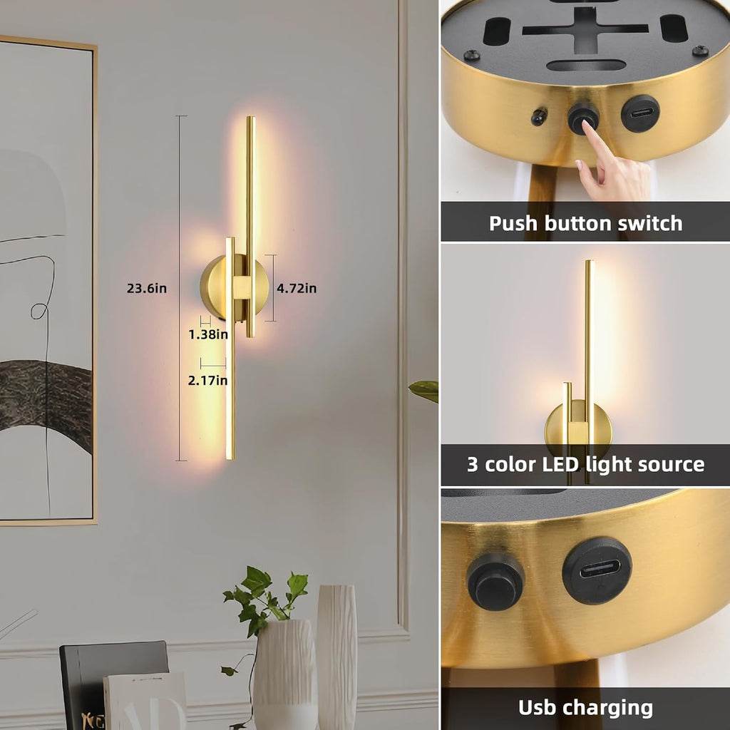 Battery Operated Wall Sconce Set of 2,Gold 23.6' 3000K-6500K LED Dimmable Wall Sconces with Remote Control,Wireless Wall Light USB Rechargeable for Bedroom Hallway Living Room Background Wall Lighting