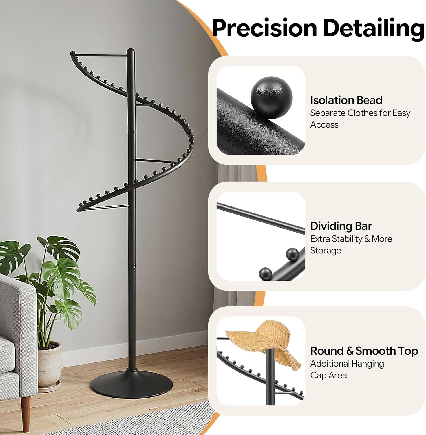 71 Inch Spiral Clothing Rack 360° Spiral Retail Costumer Garment Rack with 38 Ball, 5.91ft Spiral Rotating Clothing Rack for Bedrooms, Living Rooms, Stores (Black)