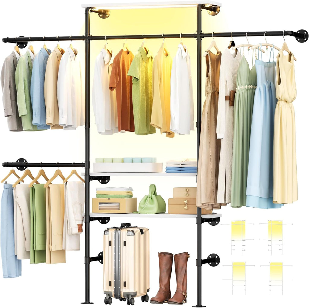 Cyclysio Industrial Pipe Clothing Rack, Reversible 7.25FT Wall Mounted Clothes Rack, Heavy Duty Garment Racks Closet Wardrobe with LED Lights& Shelves, Walk-in Closet System, White
