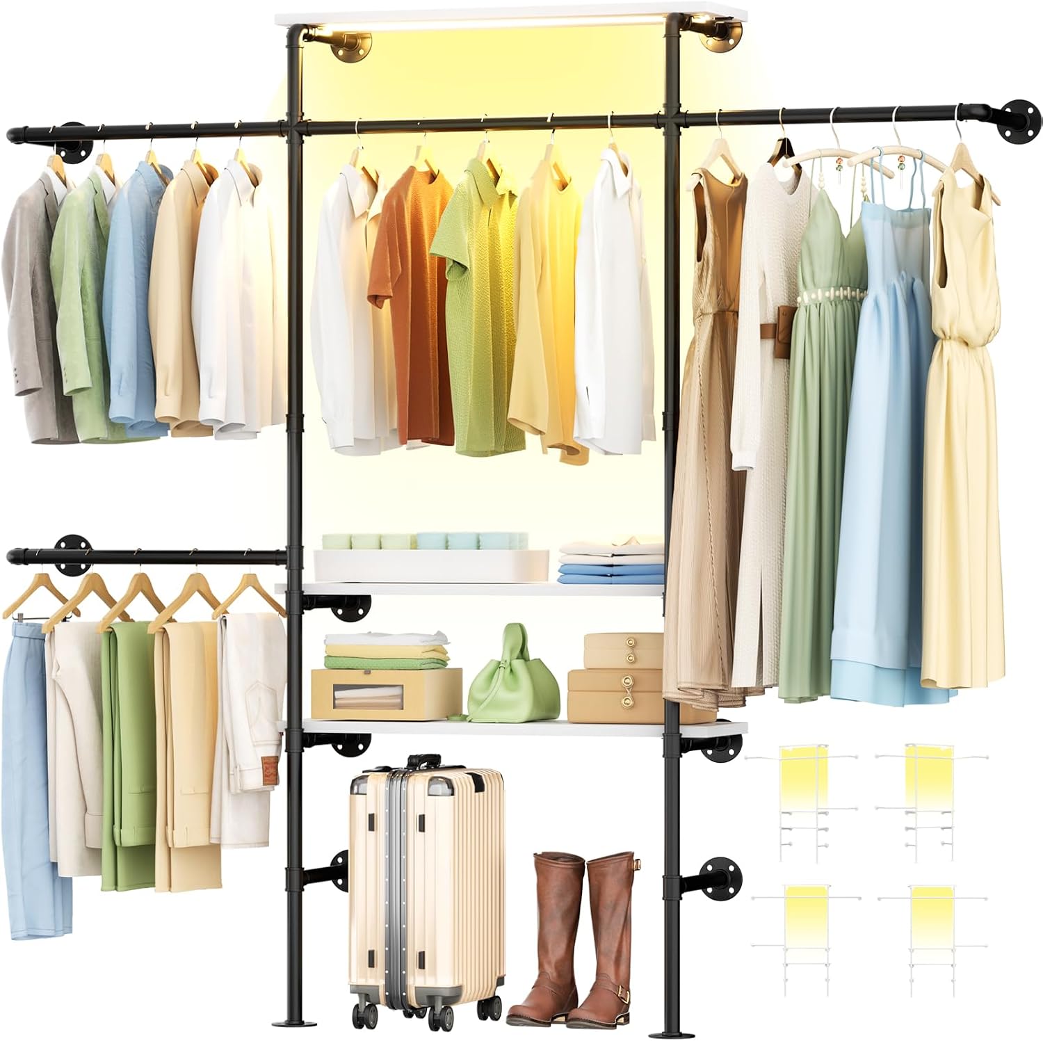 Cyclysio Industrial Pipe Clothing Rack, Reversible 7.25FT Wall Mounted Clothes Rack, Heavy Duty Garment Racks Closet Wardrobe with LED Lights& Shelves, Walk-in Closet System, White