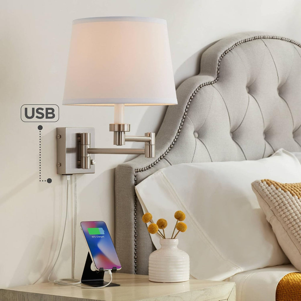 360 Lighting Vero Modern Swing Arm Wall Lamps Set of 2 with USB Charging Port Brushed Nickel Plug-in Light Fixture White Hardback Drum Shade for Bedroom Bedside Living Room Reading House