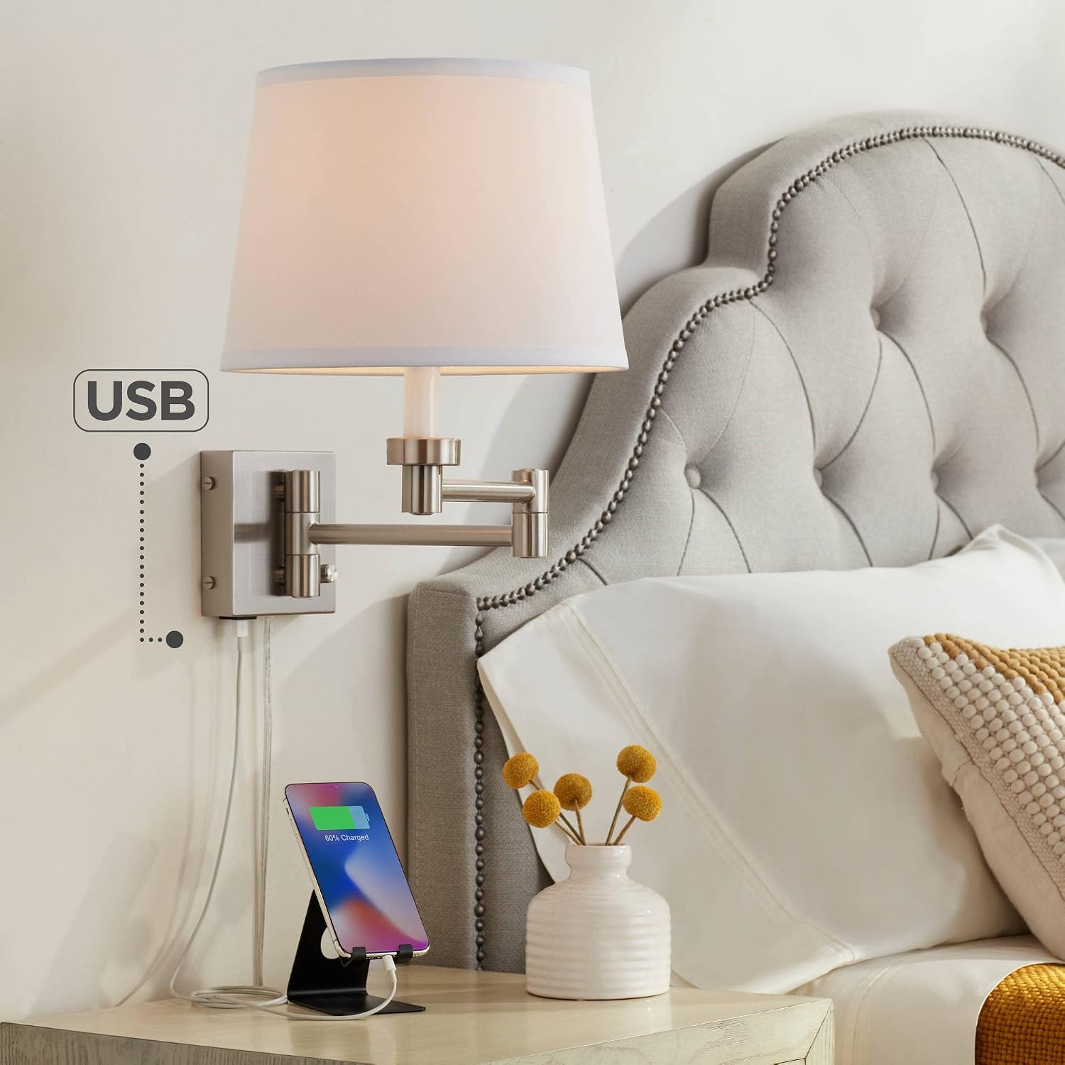 360 Lighting Vero Modern Swing Arm Wall Lamps Set of 2 with USB Charging Port Brushed Nickel Plug-in Light Fixture White Hardback Drum Shade for Bedroom Bedside Living Room Reading House