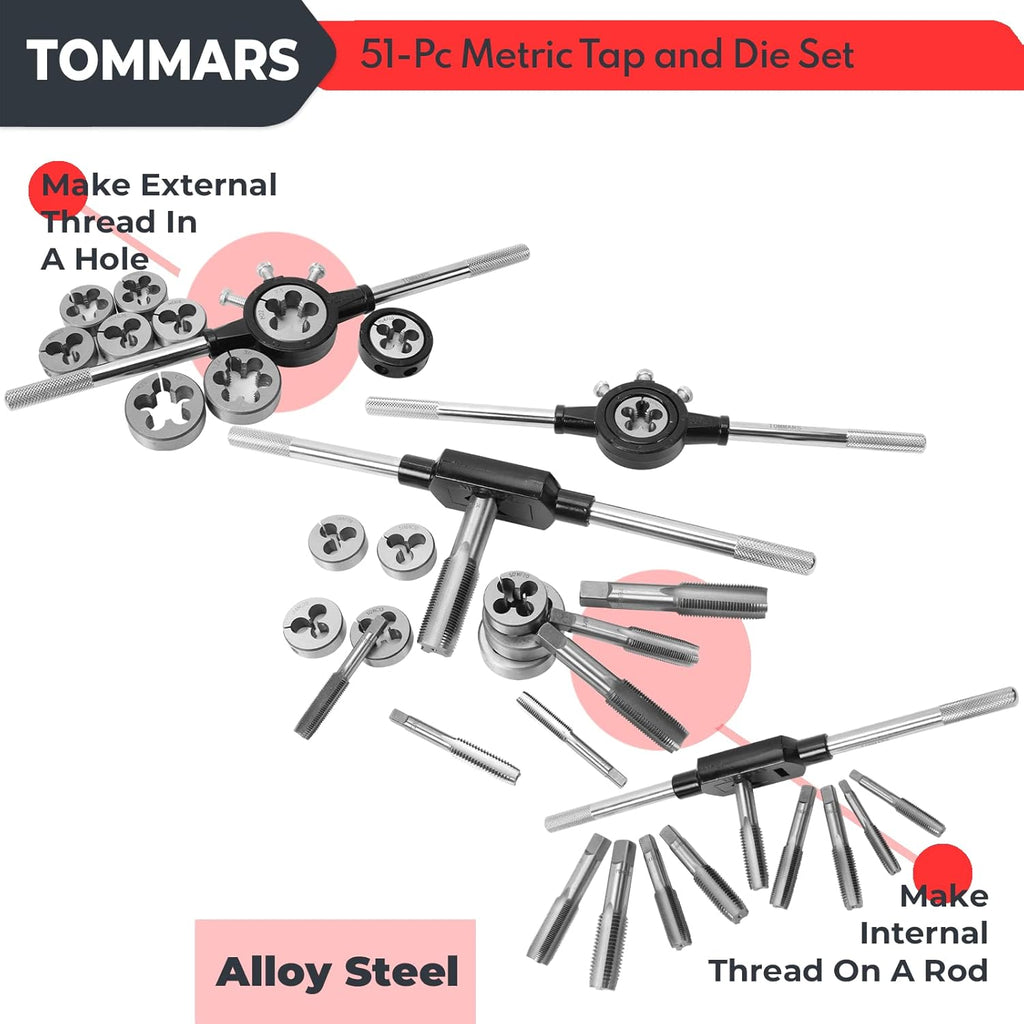 TOMMARS 51-Pc M6 to M24 Jumbo Tap and Die Set Metric Round Threading Dies & 51-Pc 1/4-20 to 1-14 Jumbo Tap and Die Set SAE Round Threading Dies