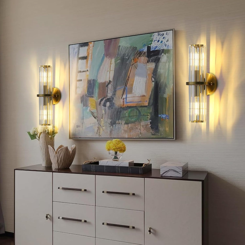 Crystal Wall Sconce Set of 2, Gold Crystal Bathroom Wall Light, Modern Sconces Wall Decor 2-Light Luxury Indoor Wall Lamp 15.7-Inch for Living Room, Hallway, Mirror, Bathroom, Vanity E26